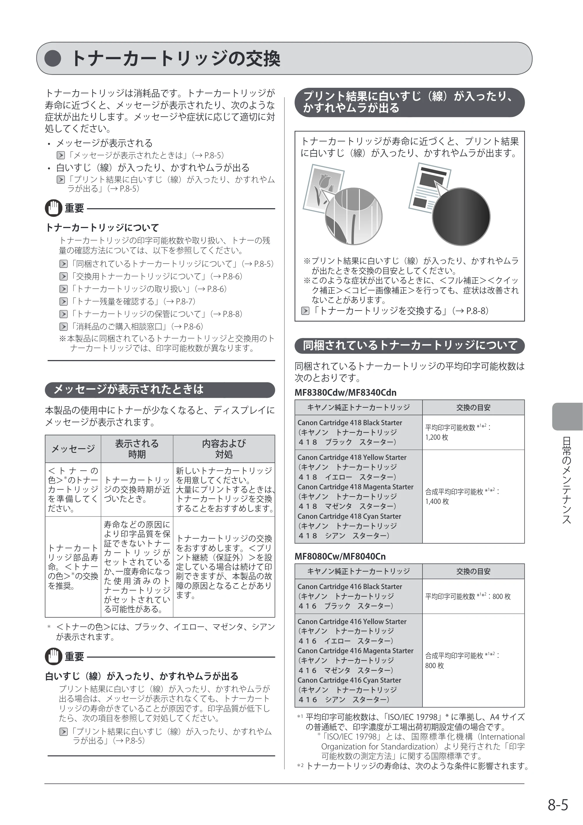 キヤノン MF8080Cw/MF8040Cn / MF8380Cdw/MF8340Cdn 基本操作ガイド 2011年10月20日更新（PDF：12.8MB） — トナーカートリッジの交換 — 原本ページ — 141ページ