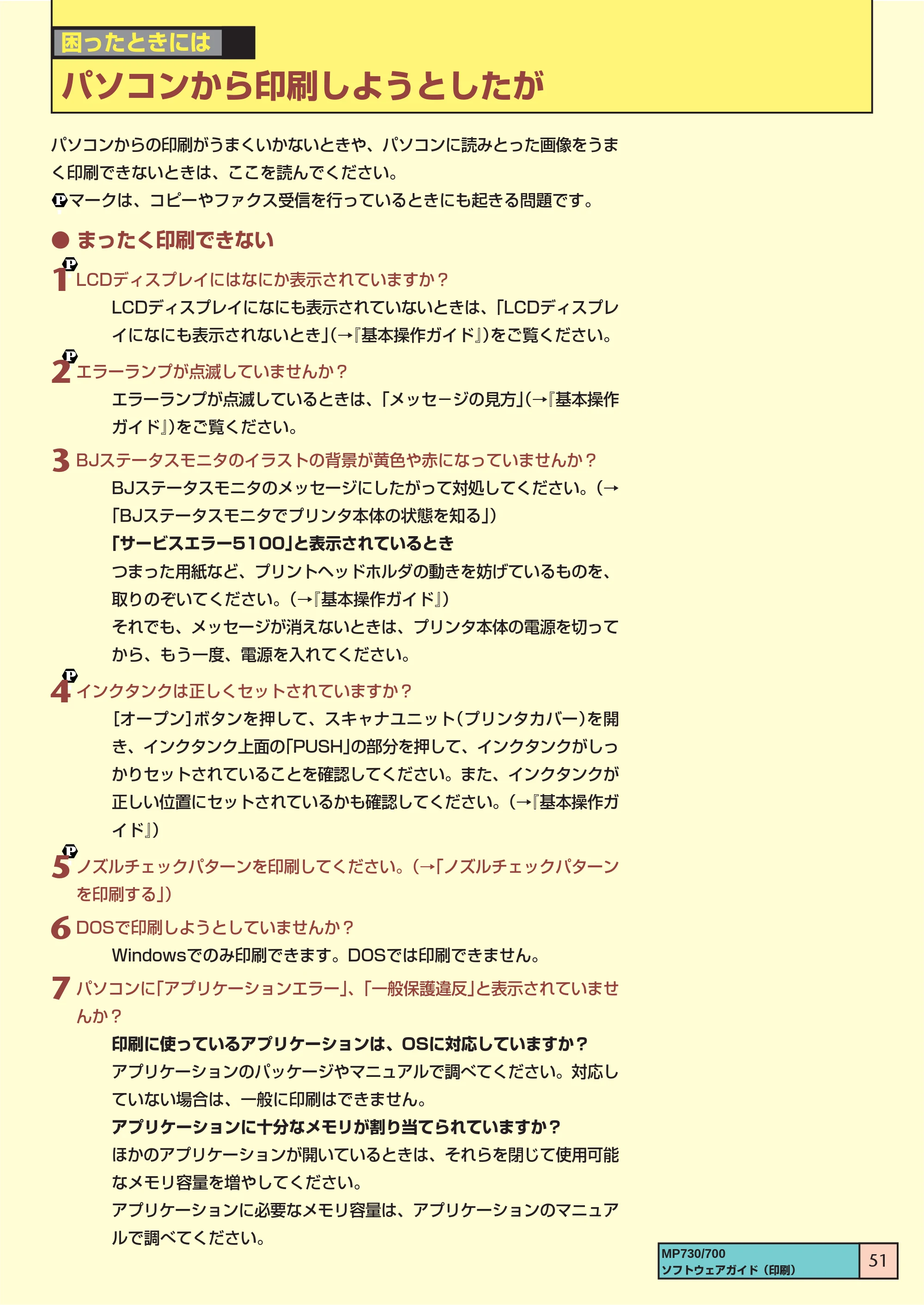 キヤノン PIXUS MP730 ソフトウエアガイド（2） （PDF形式／1.13Mバイト） — パソコンから印刷しようとしたが — 原本ページ — 51ページ