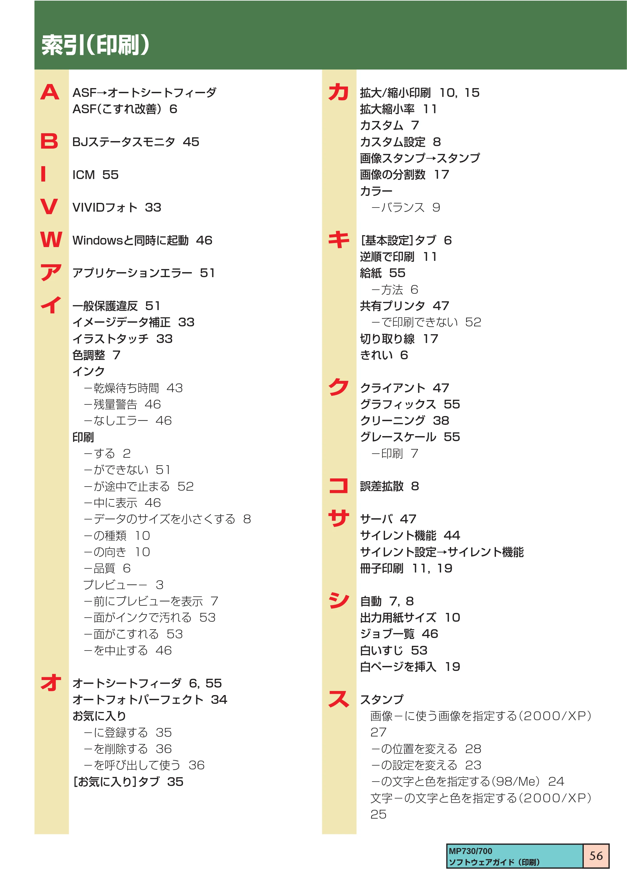 キヤノン PIXUS MP730 ソフトウエアガイド（2） （PDF形式／1.13Mバイト） — 索引（印刷） — 原本ページ — 56ページ
