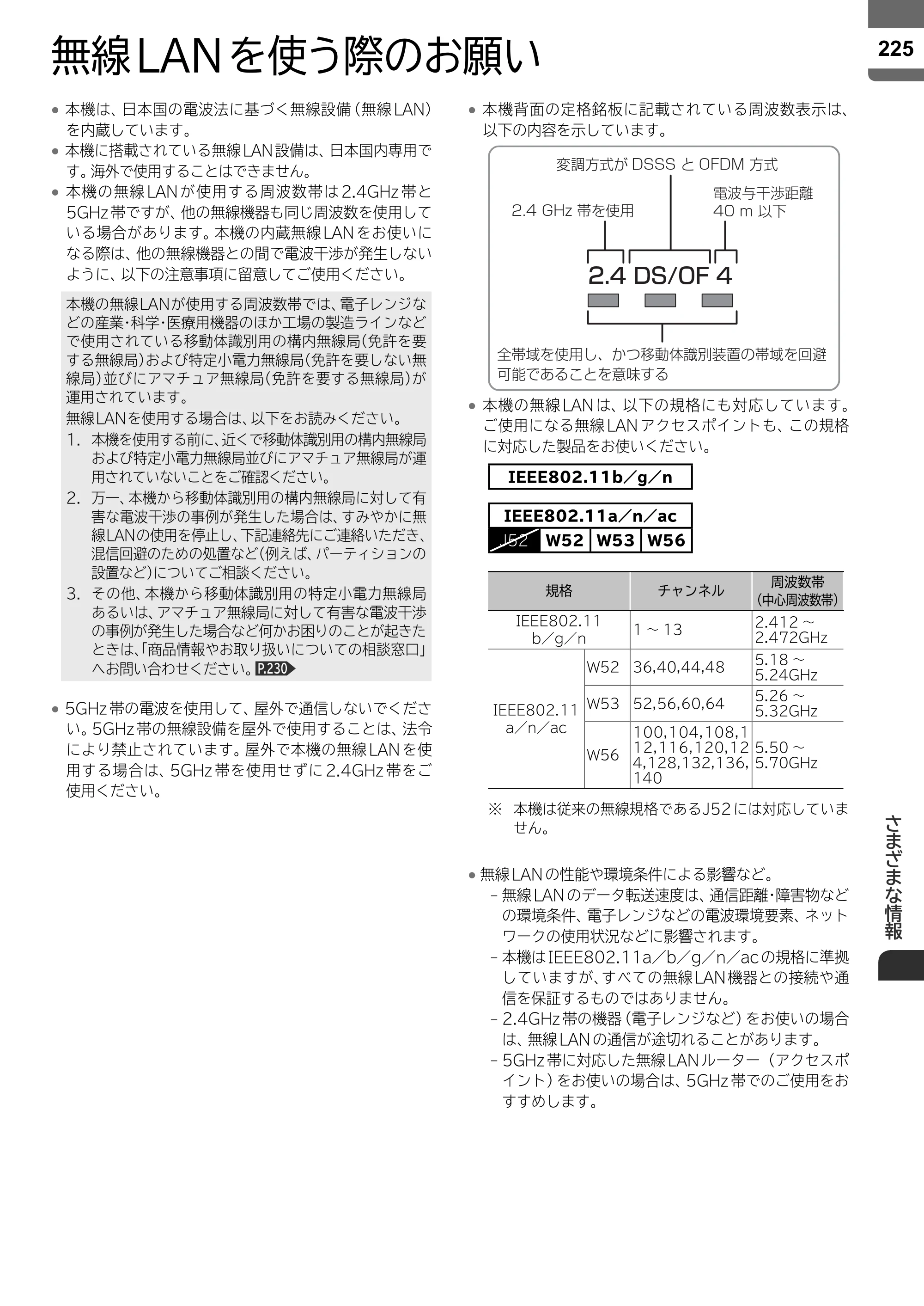 日立 L55-ZP5 / L49-ZP5 取扱説明書 — 無線LANを使う際のお願い — 原本ページ — 225ページ