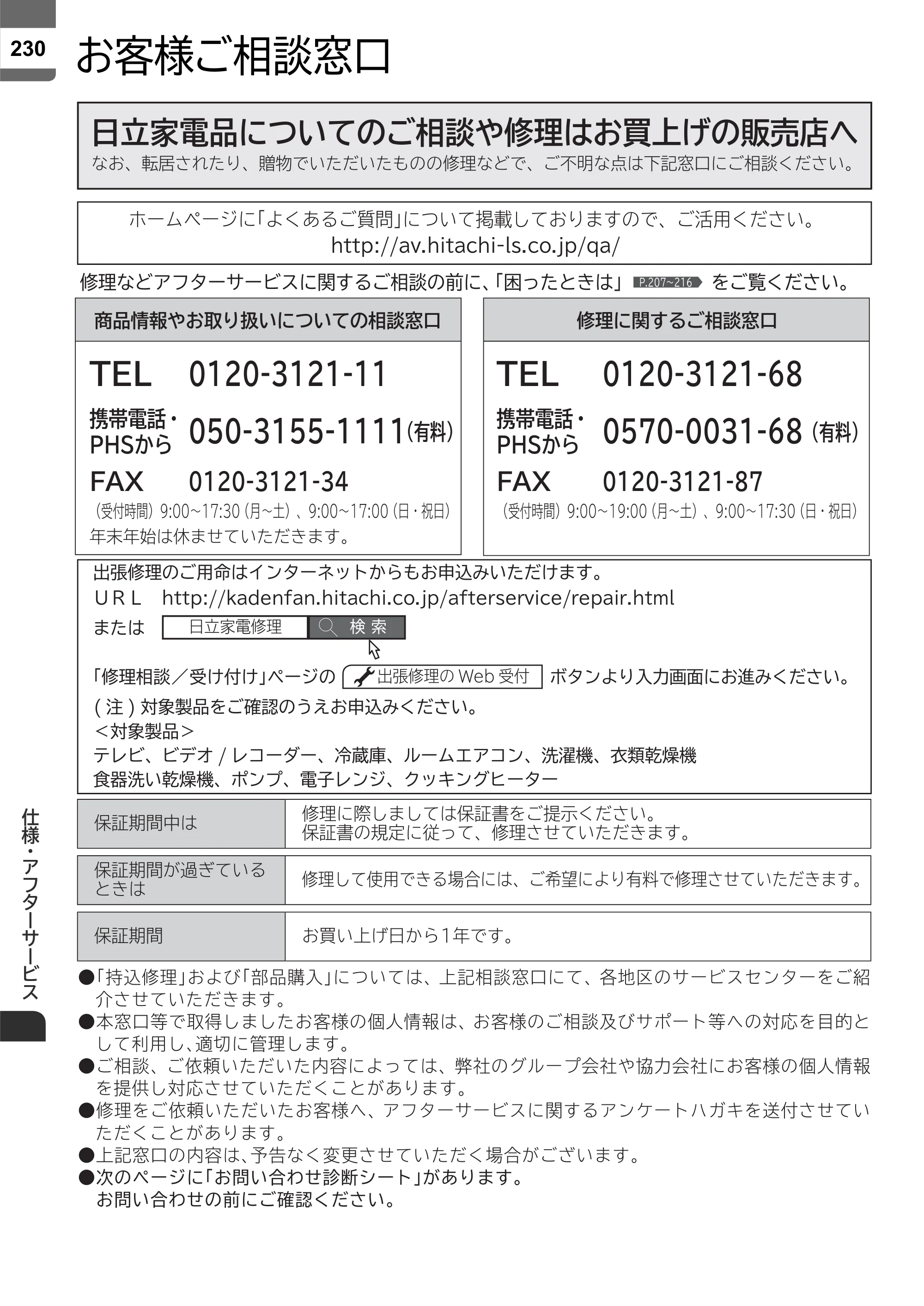 日立 L55-ZP5 / L49-ZP5 取扱説明書 — お客様ご相談窓口 — 原本ページ — 230ページ