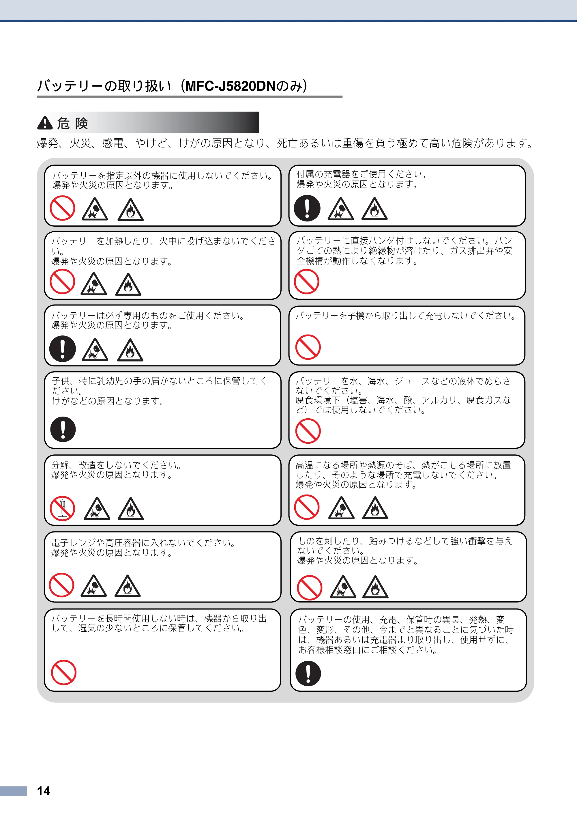 ブラザー DCP-J4220N / MFC-J4720N / MFC-J5620CDW 安全にお使いいただくために — 原本ページ — 14ページ