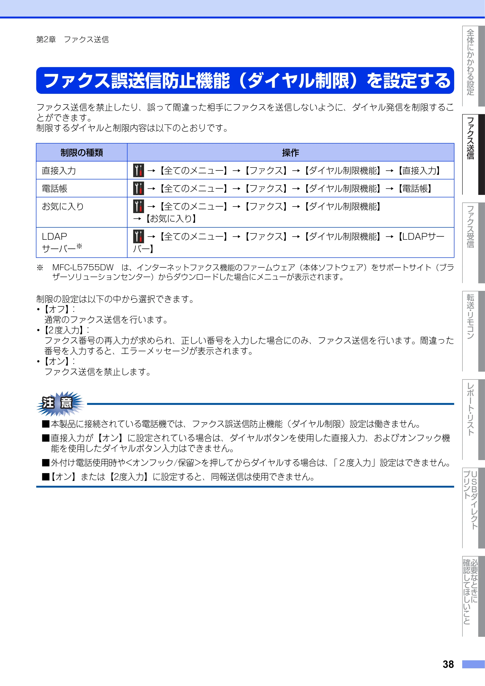 ブラザー MFC-L6900DW / MFC-L5755DW ユーザーズガイド ~応用編~ — ファクス誤送信防止機能(ダイヤル制限)を設定する — 原本ページ — 38ページ