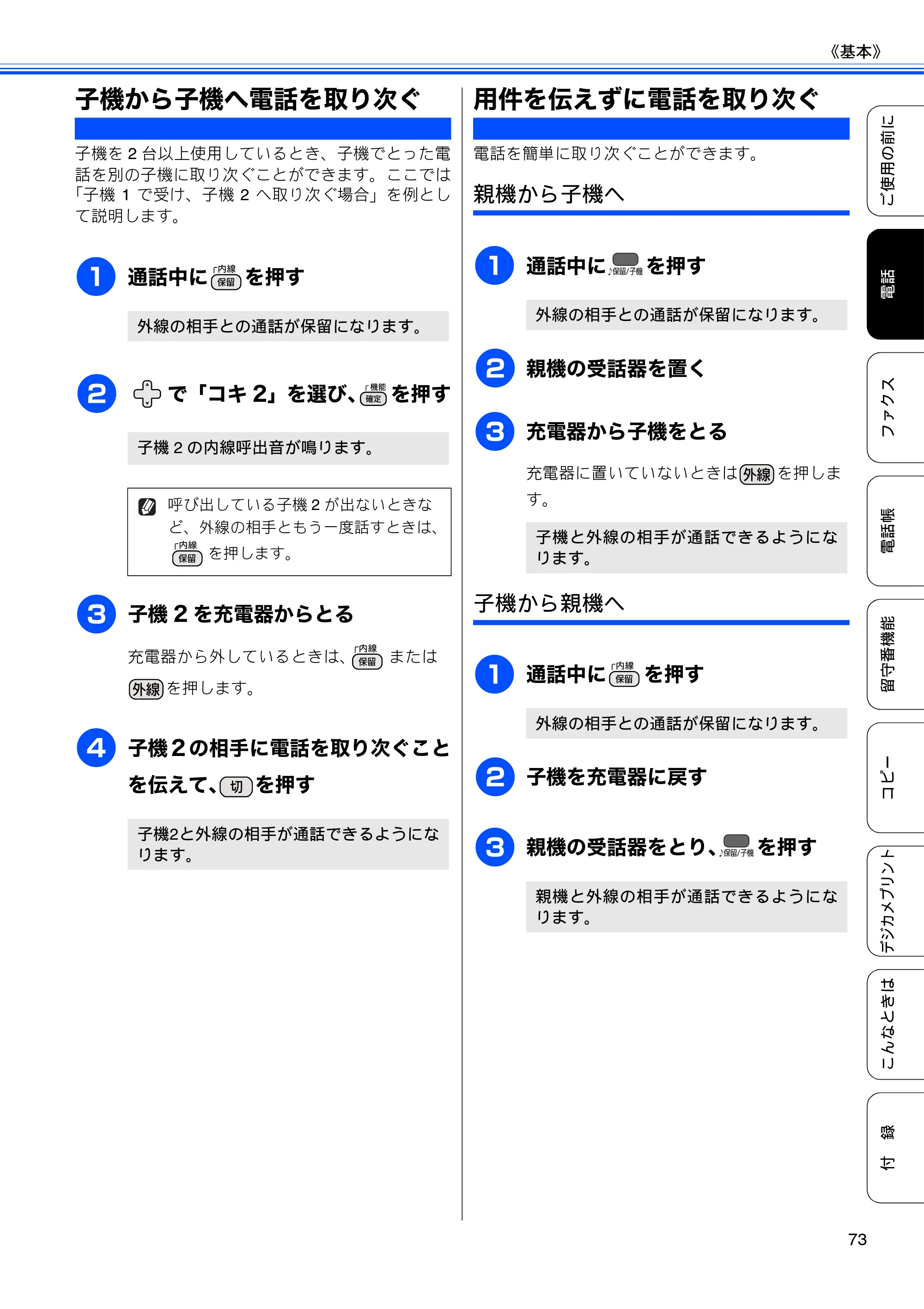 ブラザー MFC-J960DN-B/W, MFC-J960DWN-B/W ユーザーズガイド ～基本編～ — 子機から子機へ電話を取り次ぐ — 原本ページ — 75ページ