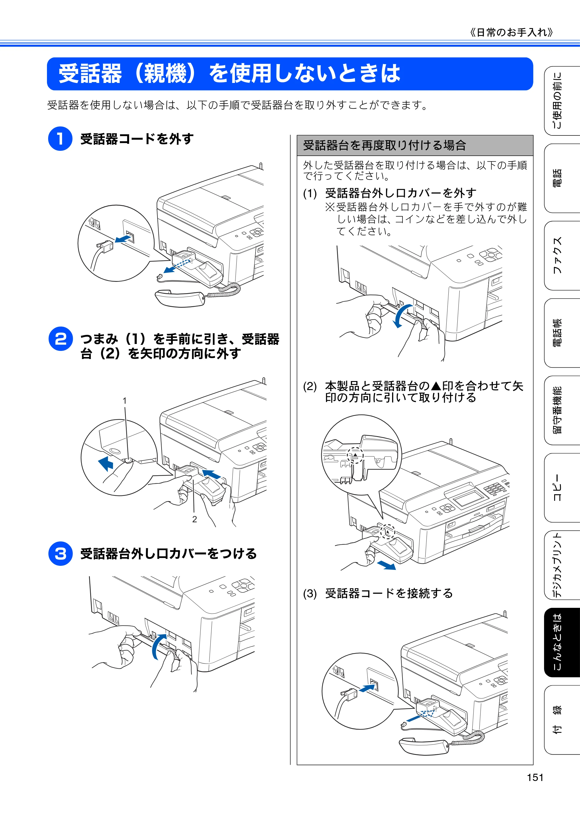 ブラザー MFC-J960DN-B/W, MFC-J960DWN-B/W ユーザーズガイド ～基本編～ — 受話器（親機）を使用しないときは — 原本ページ — 153ページ