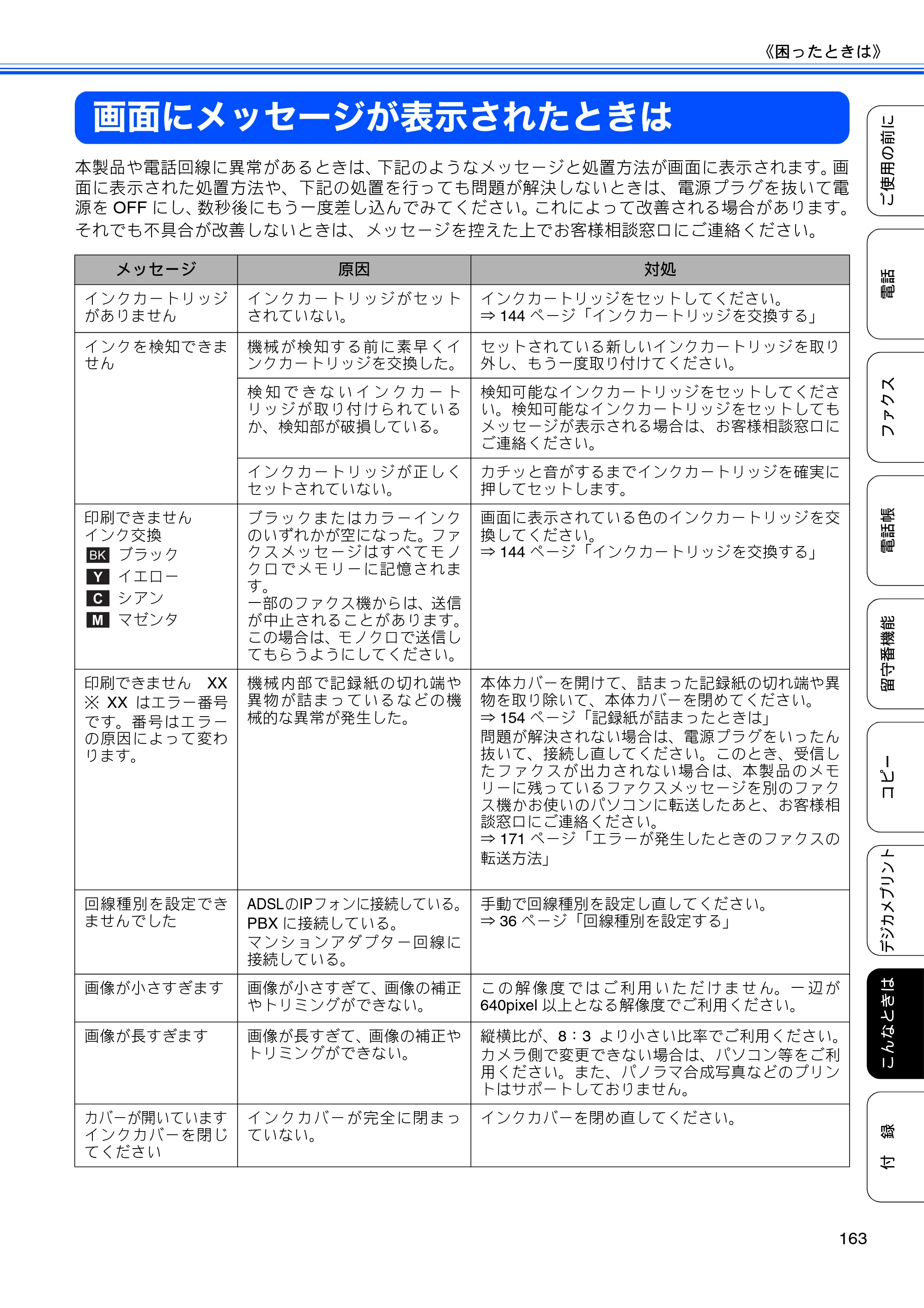 ブラザー MFC-J960DN-B/W, MFC-J960DWN-B/W ユーザーズガイド ～基本編～ — 画面にメッセージが表示されたときは — 原本ページ — 165ページ