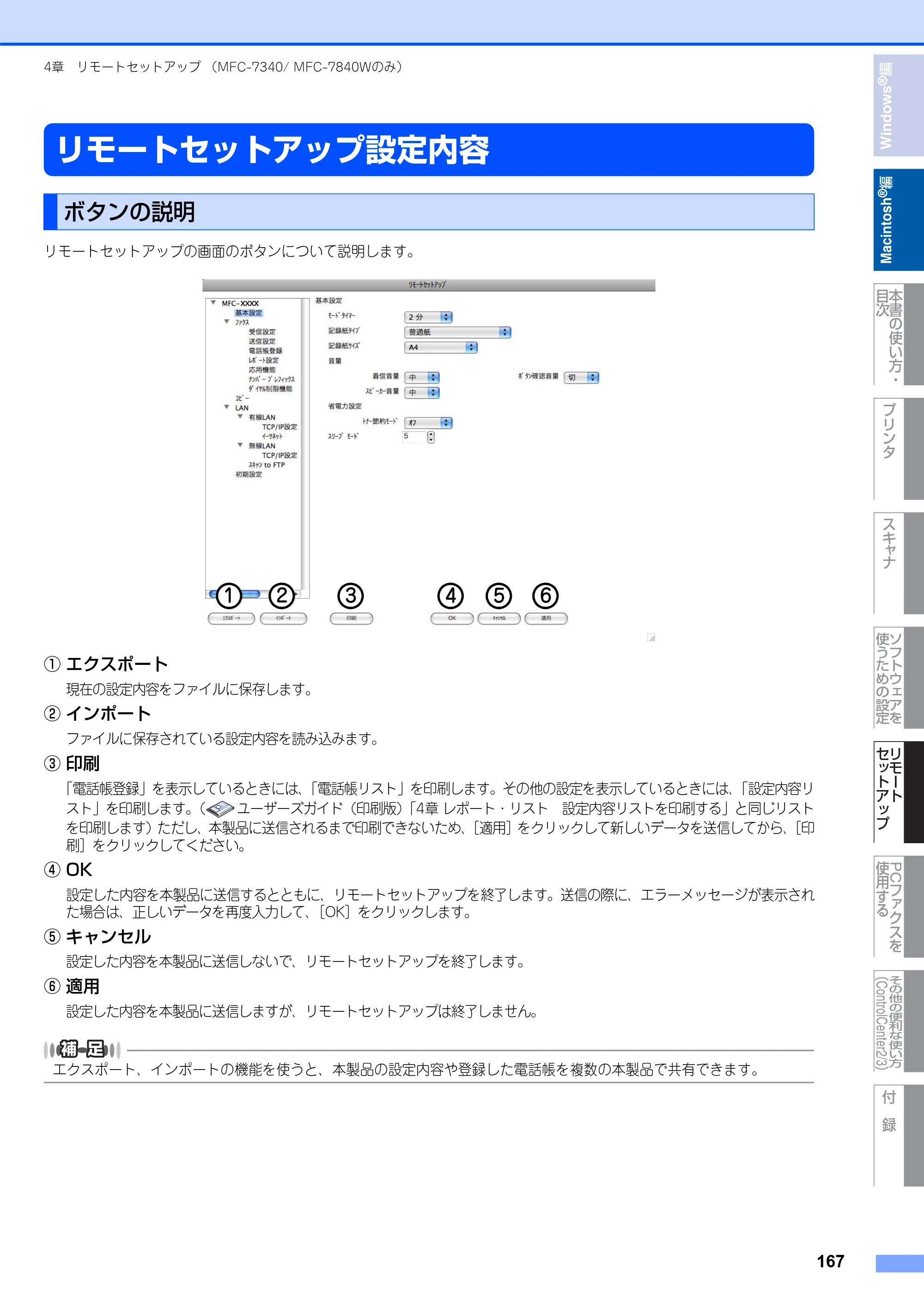 ブラザー DCP-7030 / DCP-7040 / MFC-7340 ユーザーズガイド ～パソコン活用編～ — リモートセットアップ設定内容 — 原本ページ — 168ページ
