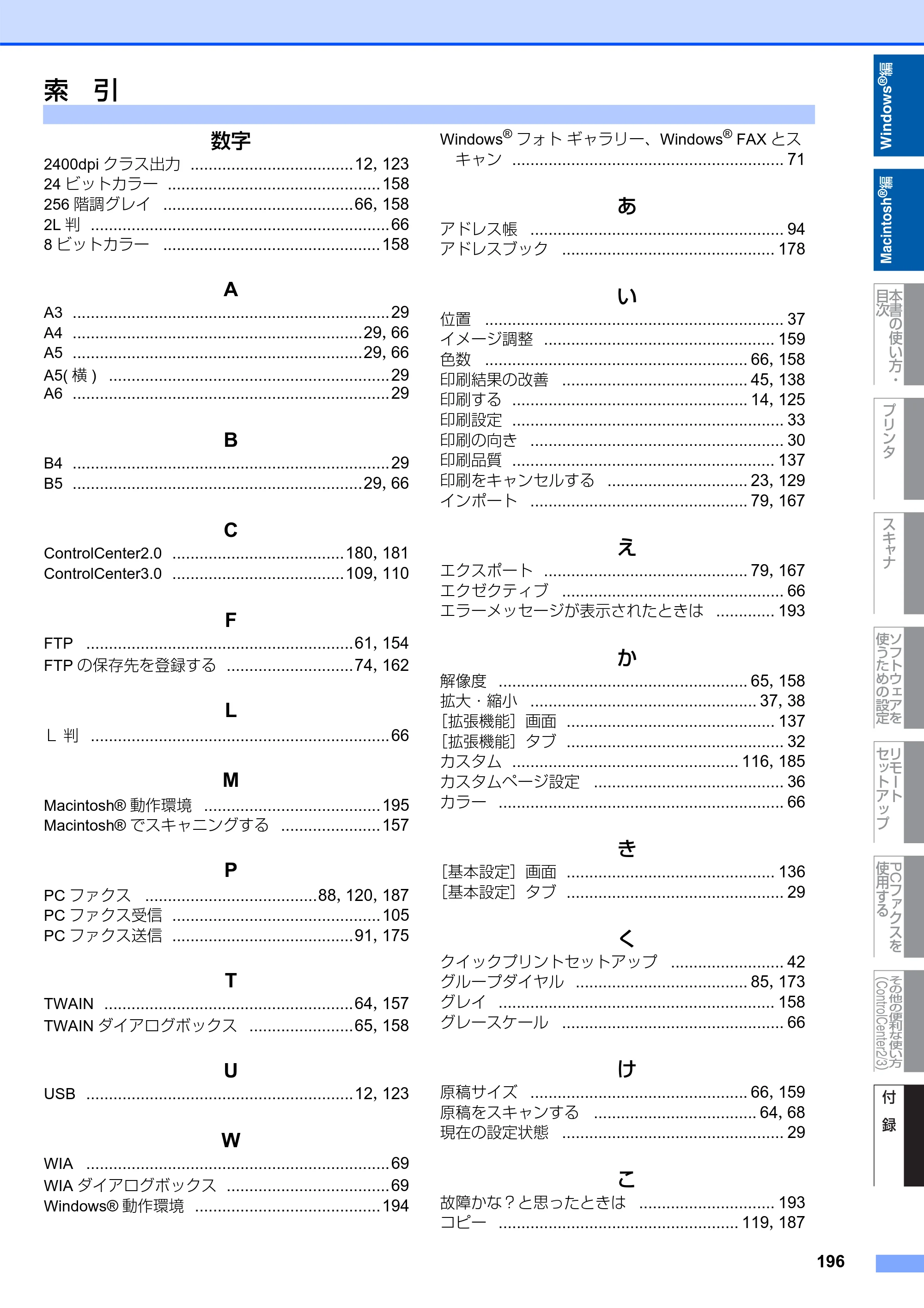 ブラザー DCP-7030 / DCP-7040 / MFC-7340 ユーザーズガイド ～パソコン活用編～ — 索 引 — 原本ページ — 197ページ