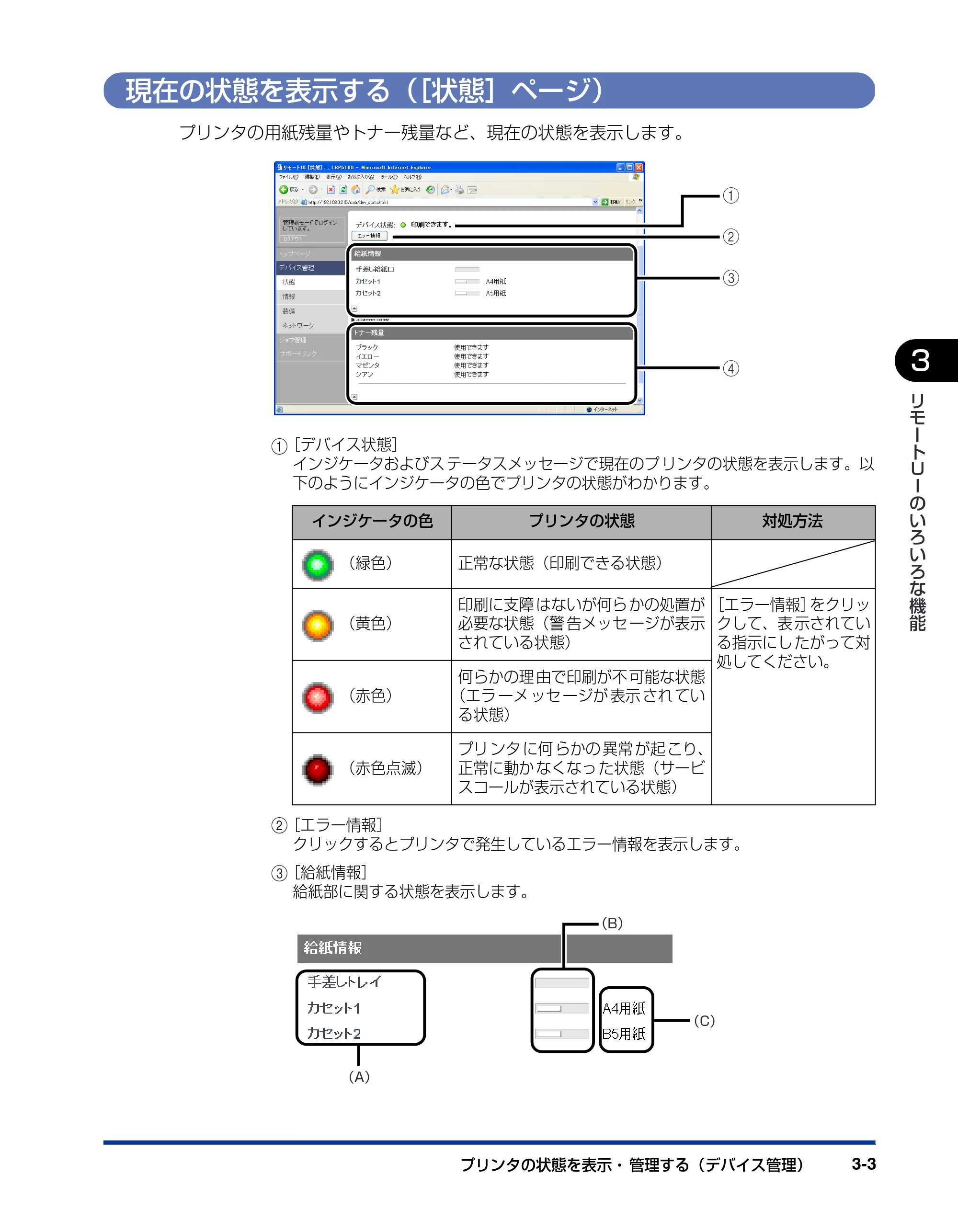 キヤノン LBP5100 リモートUIガイド 2007年1月25日掲載 （PDF形式／1.09Mバイト） — 現在の状態を表示する（［状態］ページ） — 原本ページ — 20ページ