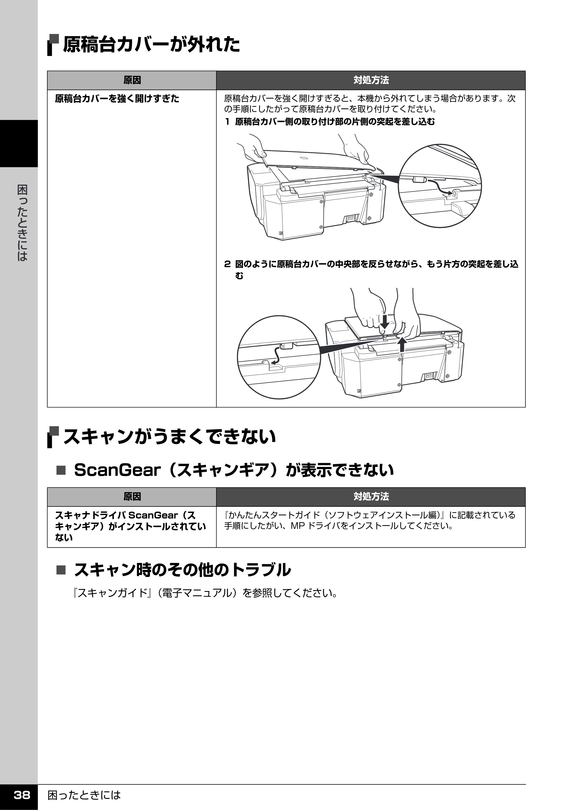 キヤノン PIXUS MP470 操作ガイド（お手入れ編） （PDF形式／6.78Mバイト） — 原稿台カバーが外れた — 原本ページ — 39ページ