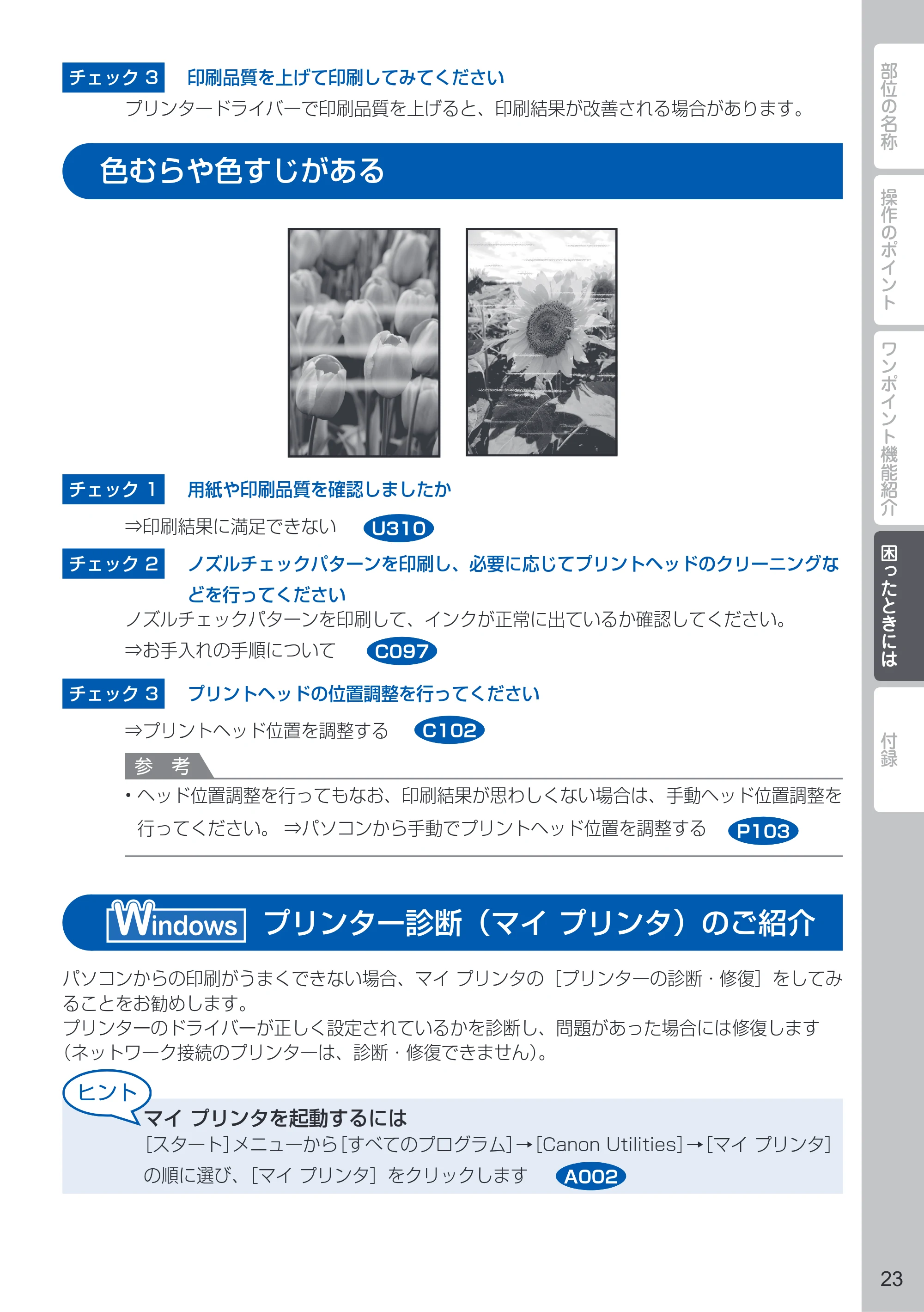 キヤノン PIXUS PRO-100 PIXUS早わかり（PDF：10.1MB） — 色むらや色すじがある — 原本ページ — 25ページ