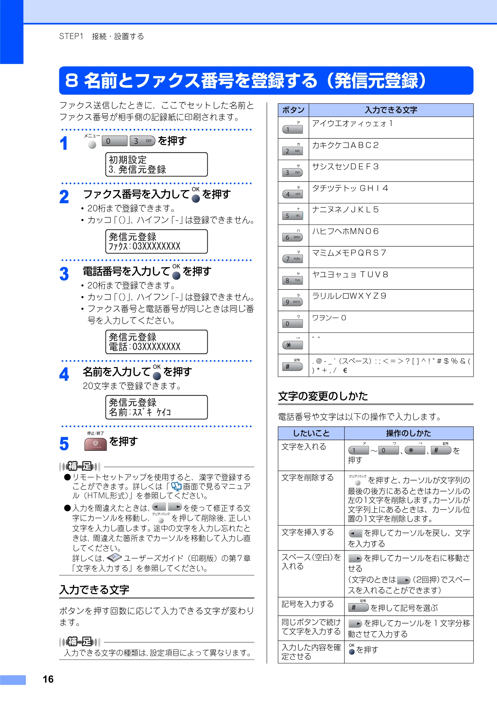 ブラザー MFC-7340 かんたん設置ガイド — 8 名前とファクス番号を登録する（発信元登録） — 原本ページ — 16ページ