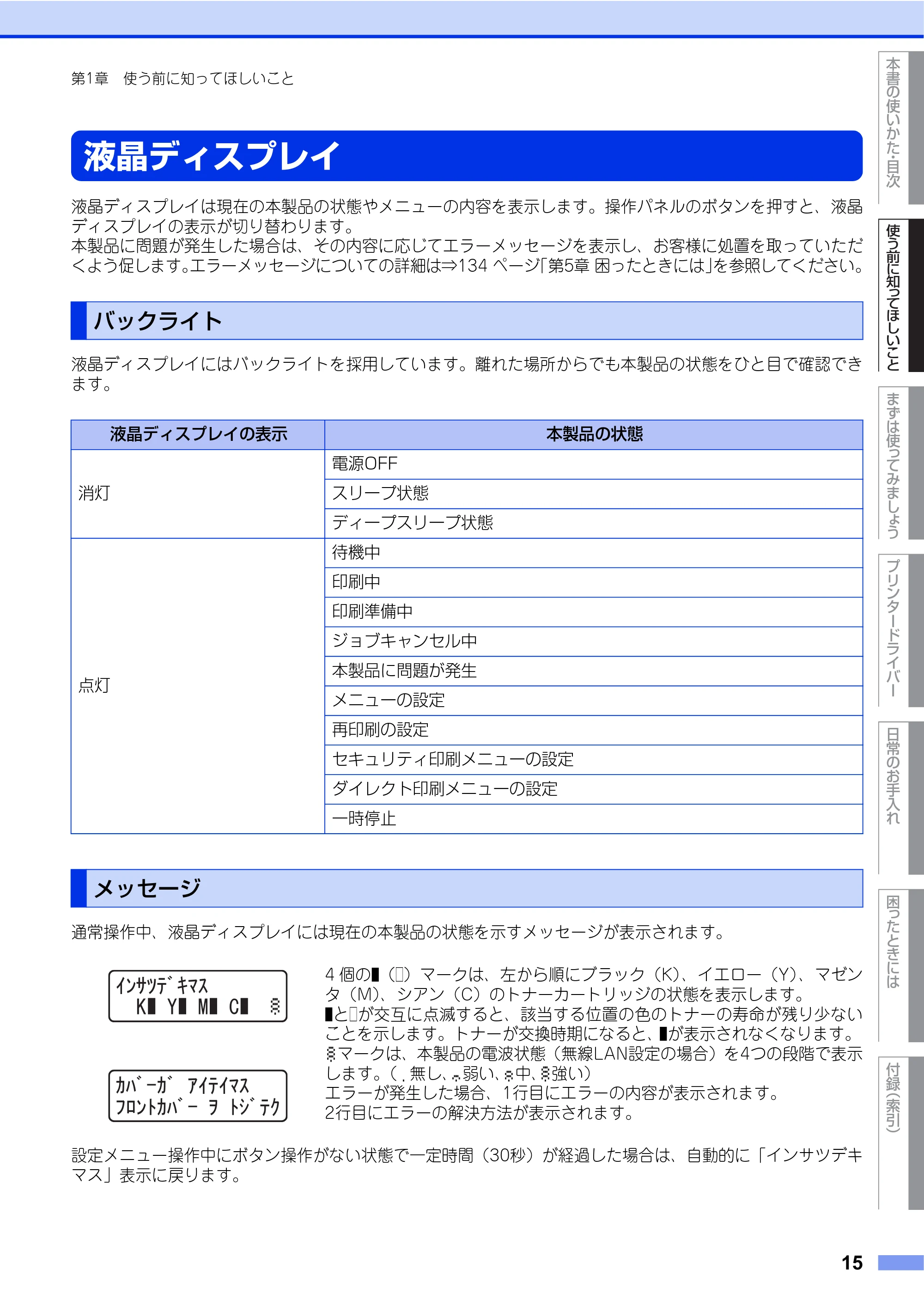 ブラザー HL-4570CDW/ HL-4570CDWT ユーザーズガイド ~基本編~ — 液晶ディスプレイ — 原本ページ — 15ページ