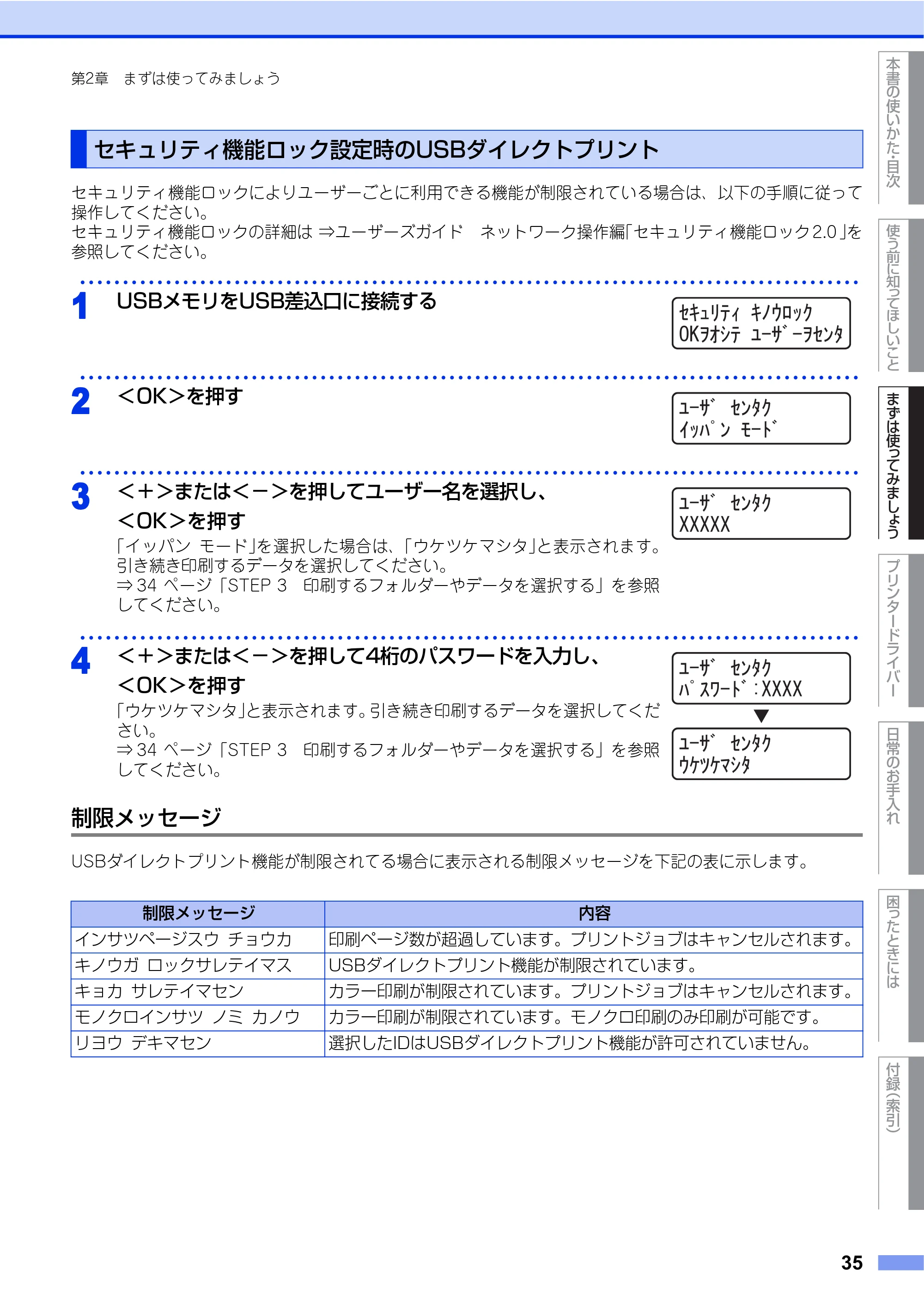 ブラザー HL-4570CDW/ HL-4570CDWT ユーザーズガイド ~基本編~ — セキュリティ機能ロック設定時のUSBダイレクトプリント — 原本ページ — 35ページ