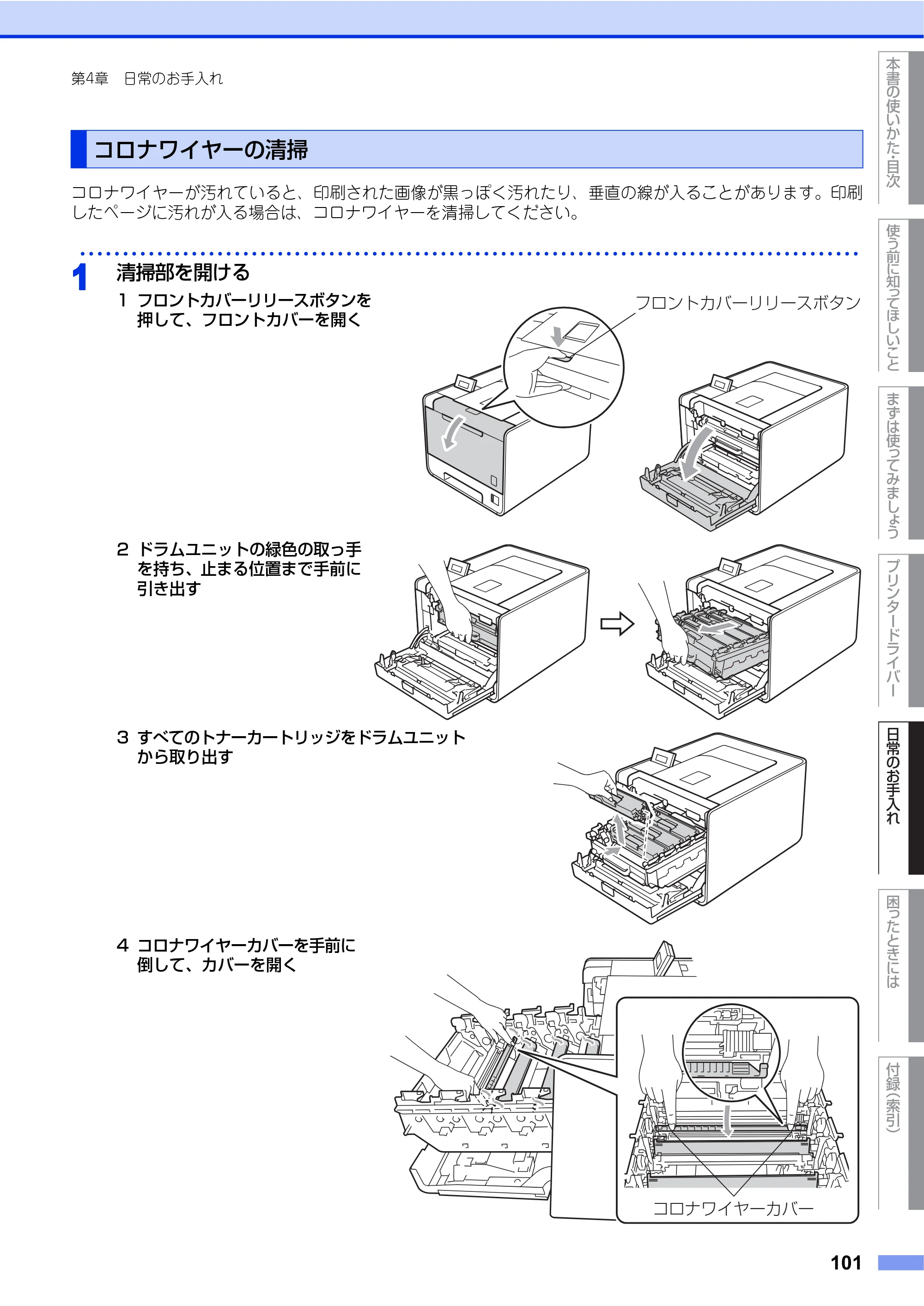ブラザー HL-4570CDW/ HL-4570CDWT ユーザーズガイド ～基本編～ — コロナワイヤーの清掃 — 原本ページ — 101ページ