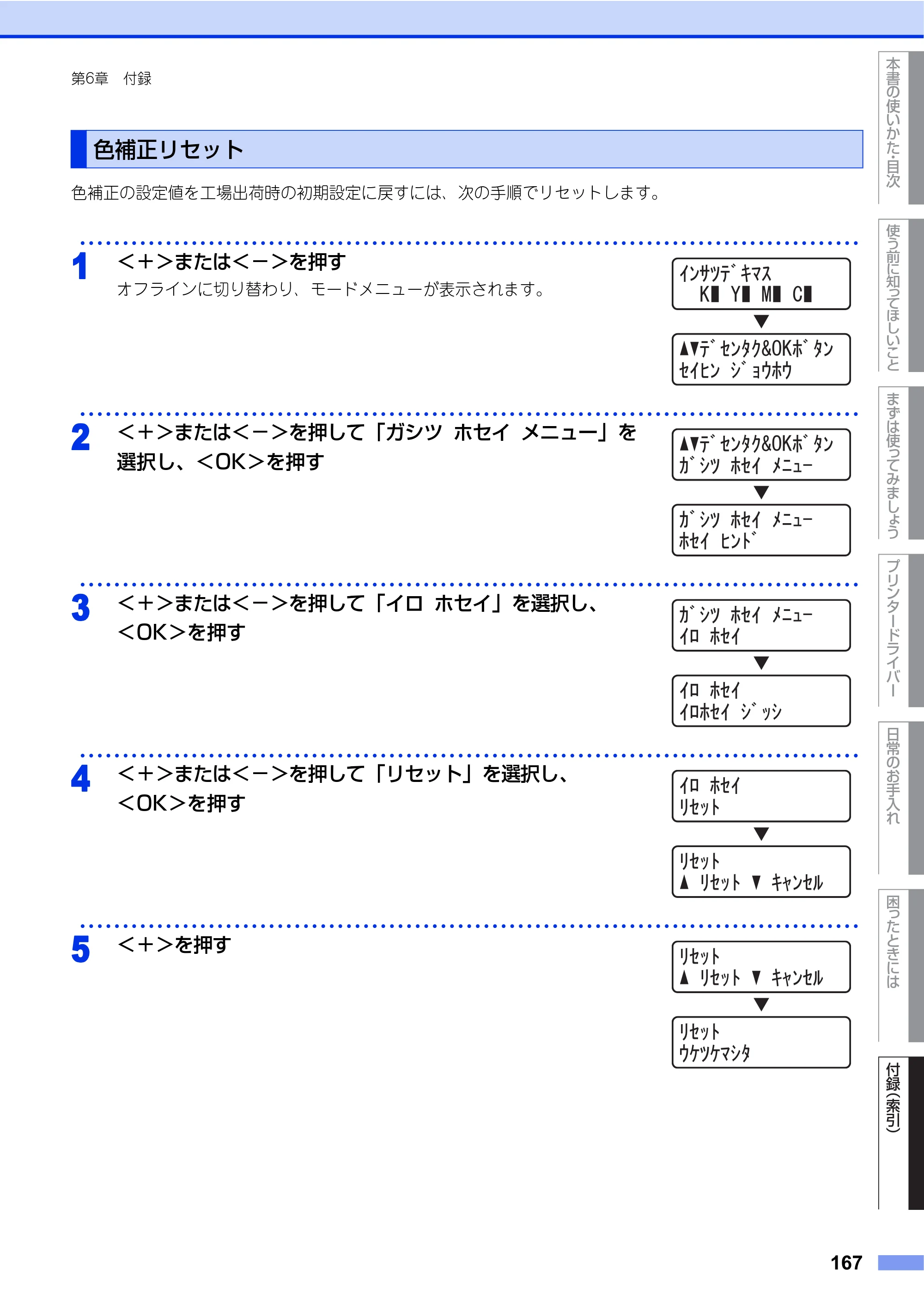 ブラザー HL-4570CDW/ HL-4570CDWT ユーザーズガイド ～基本編～ — 色補正リセット — 原本ページ — 167ページ