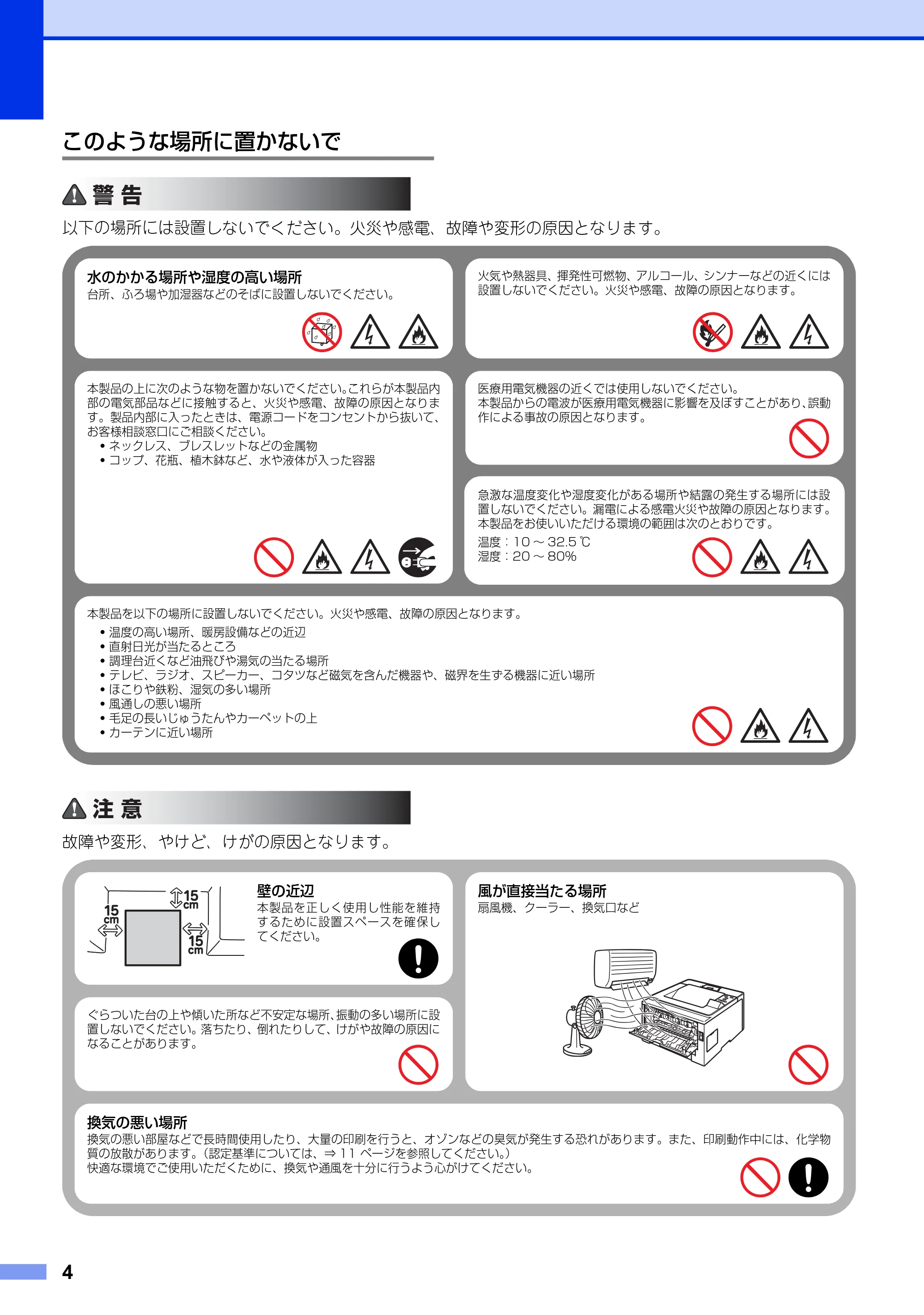 ブラザー HL-6180DW / HL-5440D / HL-5450DN 安全にお使いいただくために — このような場所に置かないで — 原本ページ — 4ページ