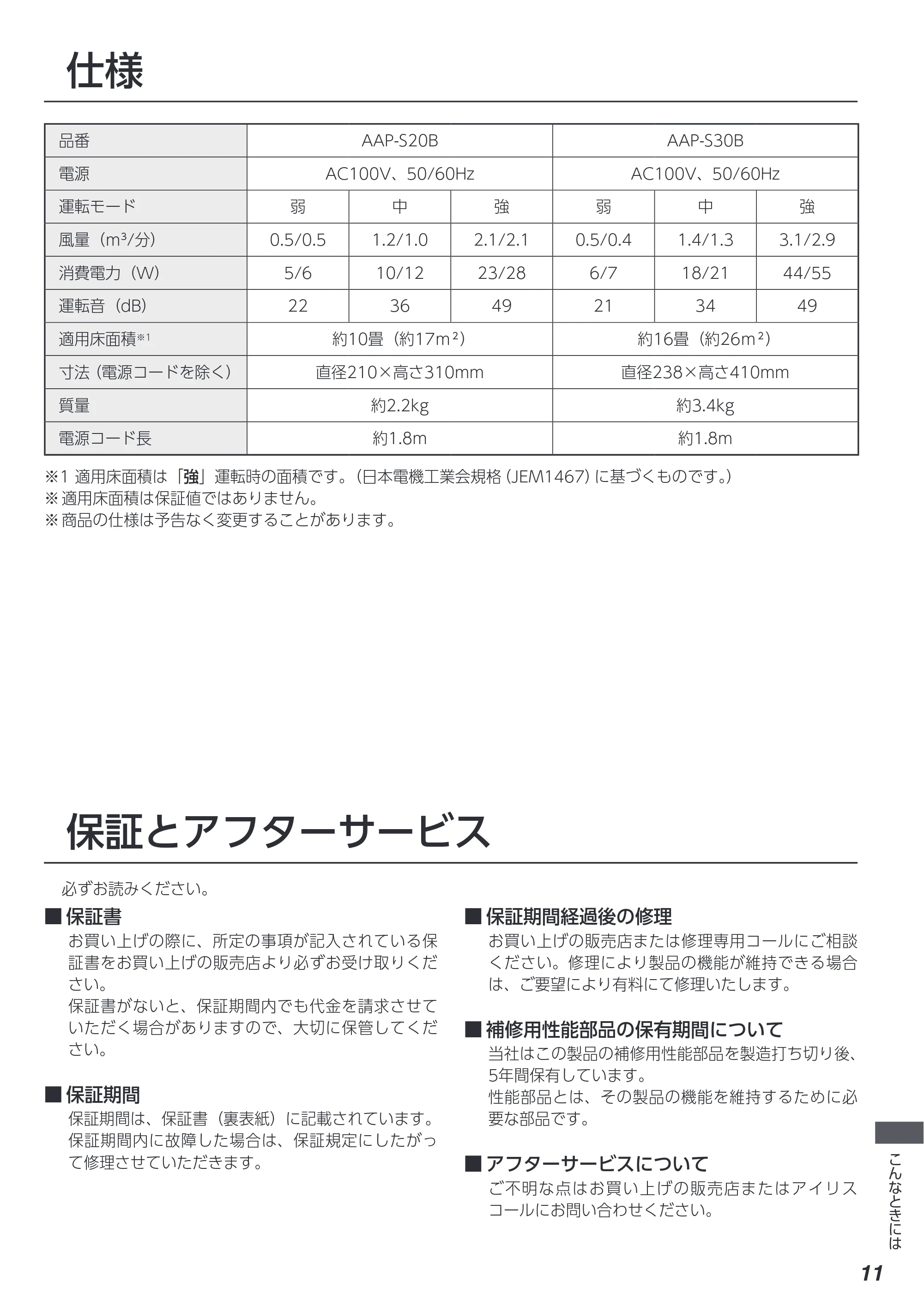 アイリスオーヤマ AAP-S30B 取扱説明書 — 原本ページ — 11ページ
