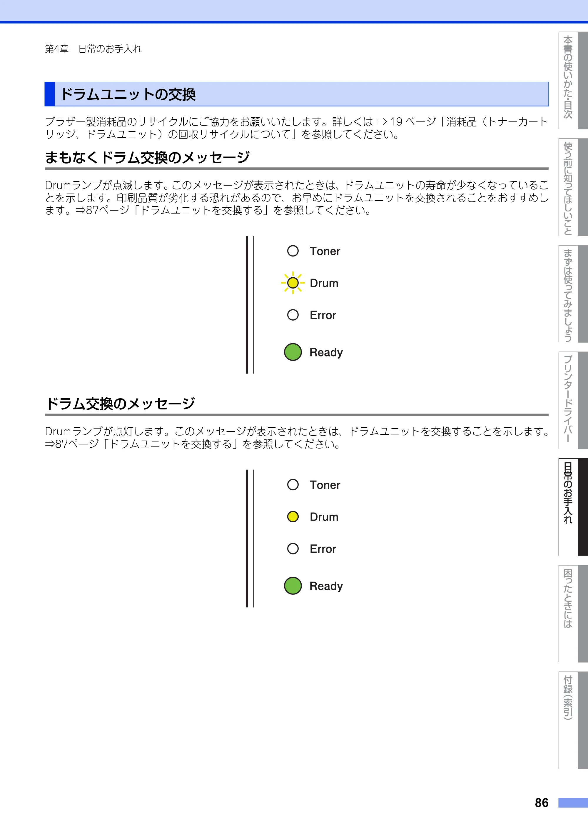 ブラザー HL-2130 / HL-2240D / HL-2270DW ユーザーズガイド ～基本編～ — ドラムユニットの交換 — 原本ページ — 86ページ