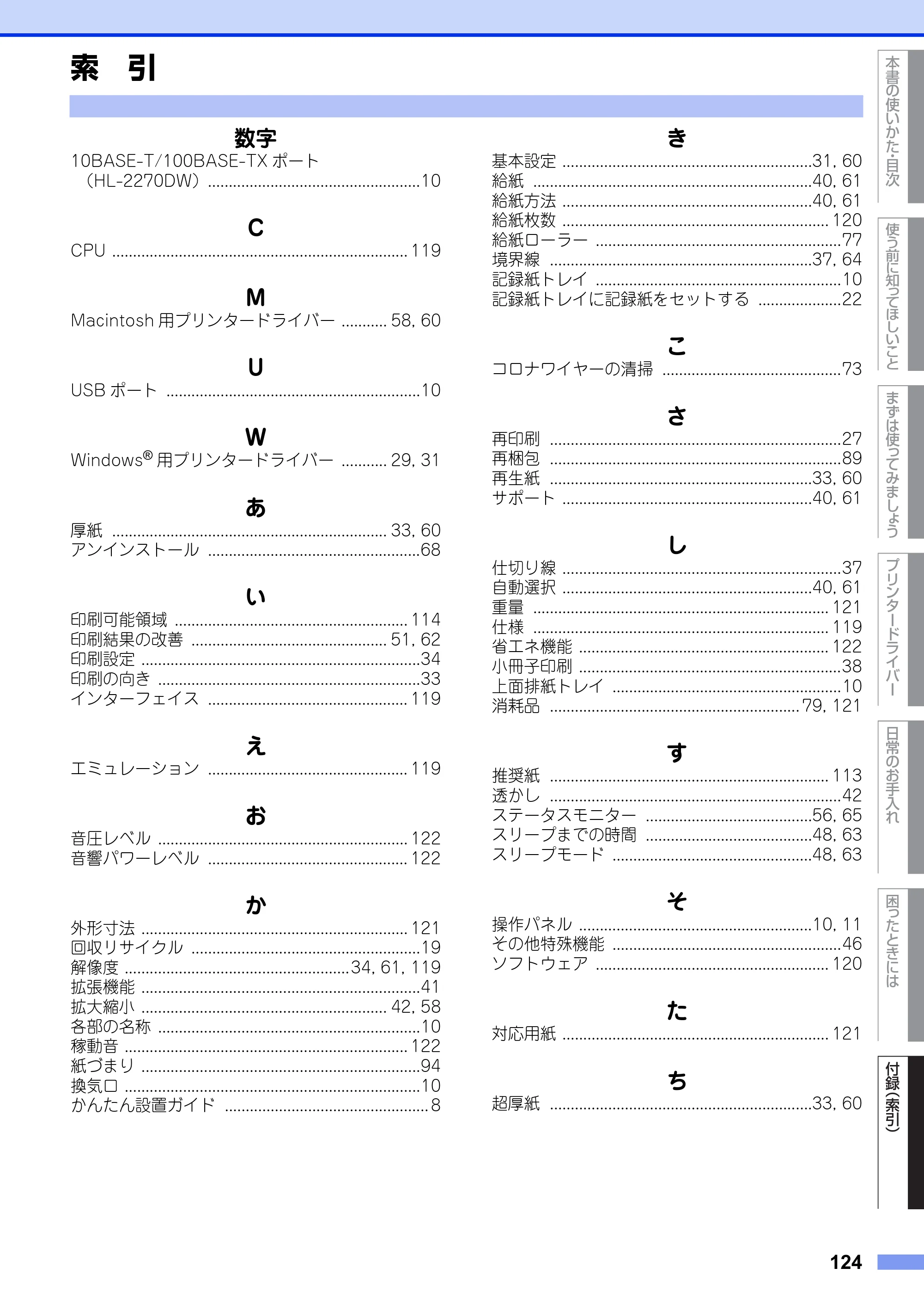 ブラザー HL-2130 / HL-2240D / HL-2270DW ユーザーズガイド ～基本編～ — 索 引 — 原本ページ — 124ページ