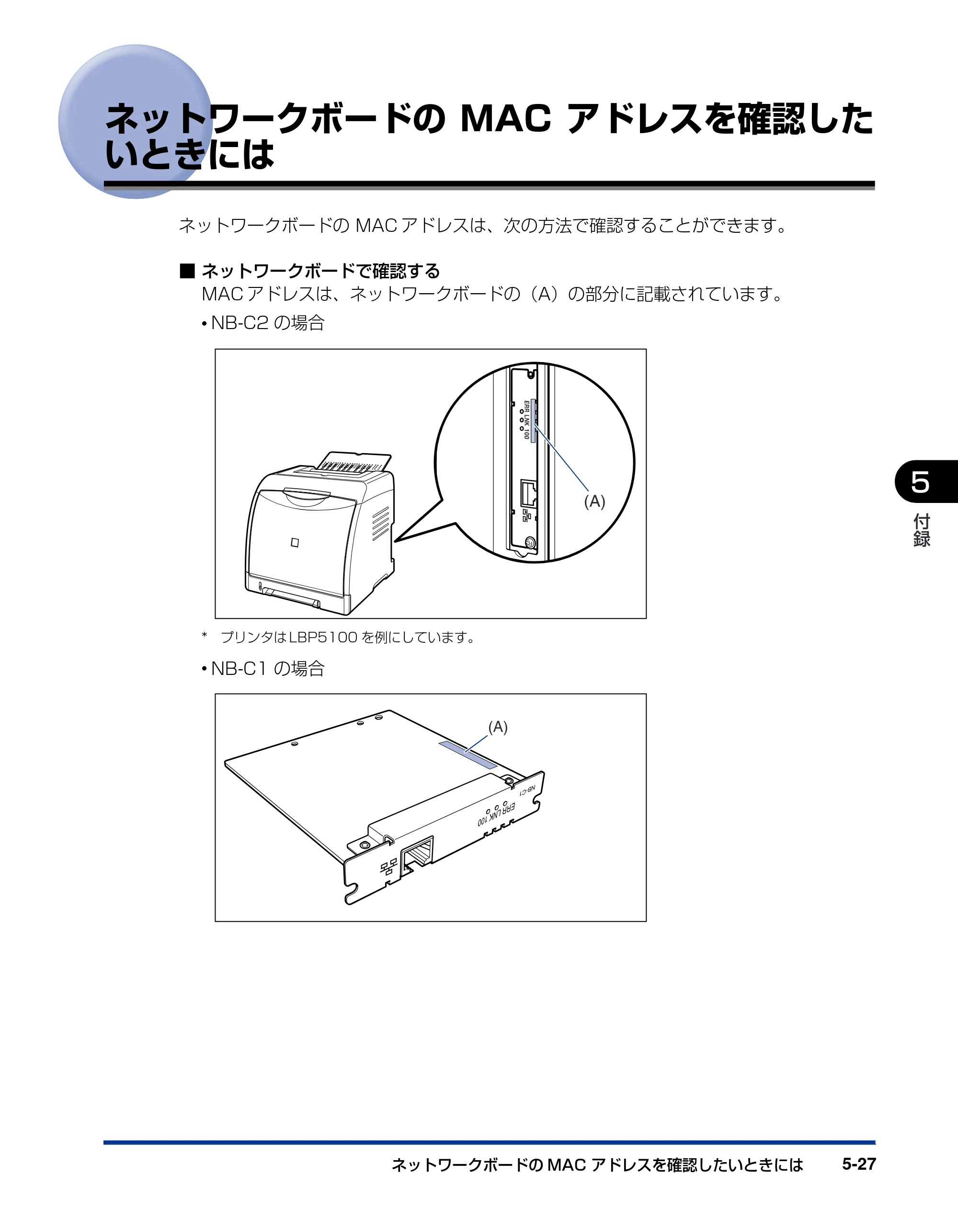 キヤノン LBP5100 ネットワークガイド／本編 2010年5月13日更新 （PDF形式／7.59Mバイト） — ネットワークボードのMACアドレスを確認したいときには — 原本ページ — 201ページ