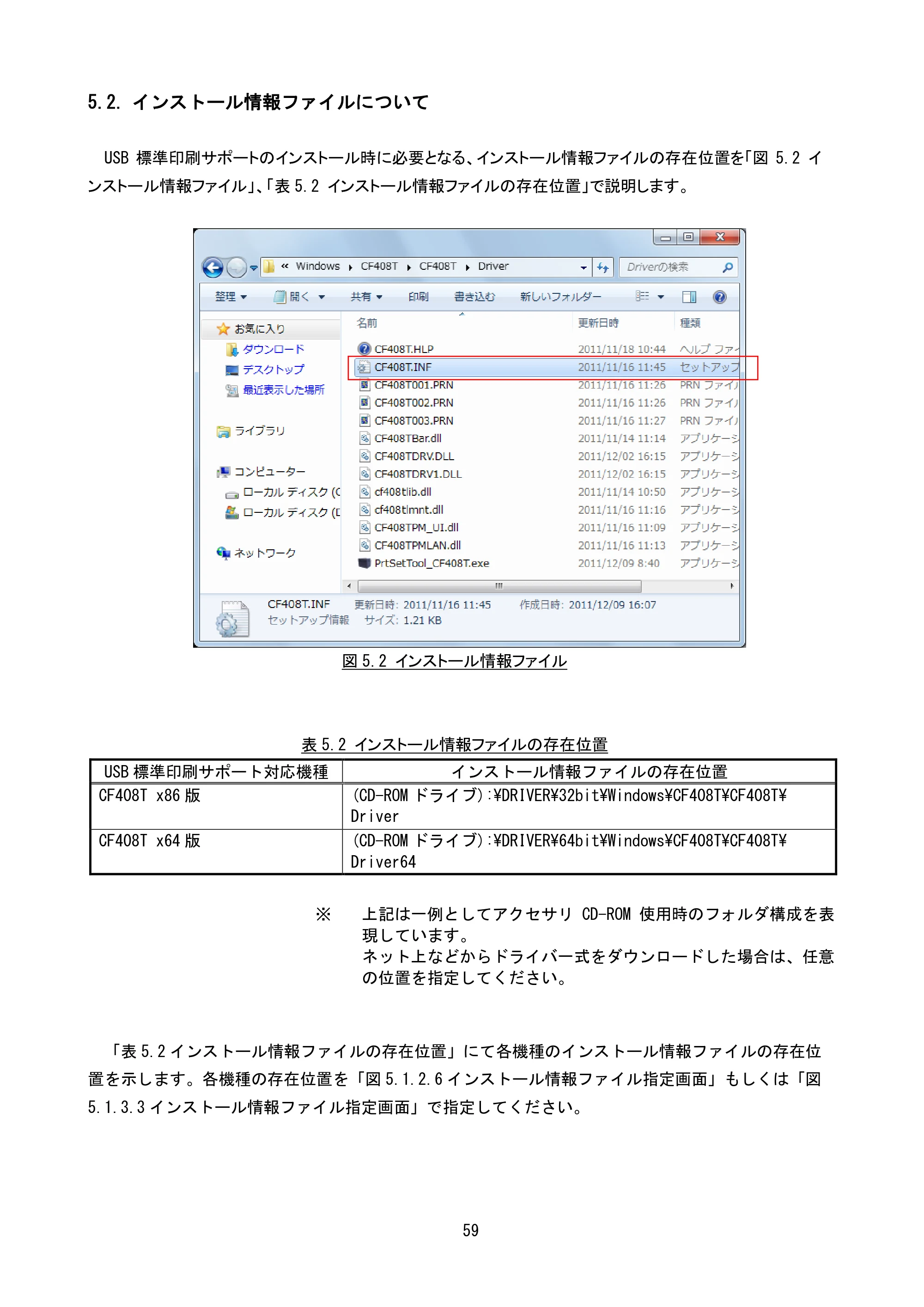 サトー CF408T プリンタドライバ説明書(第8版) — 5.2. インストール情報ファイルについて — 原本ページ — 61ページ
