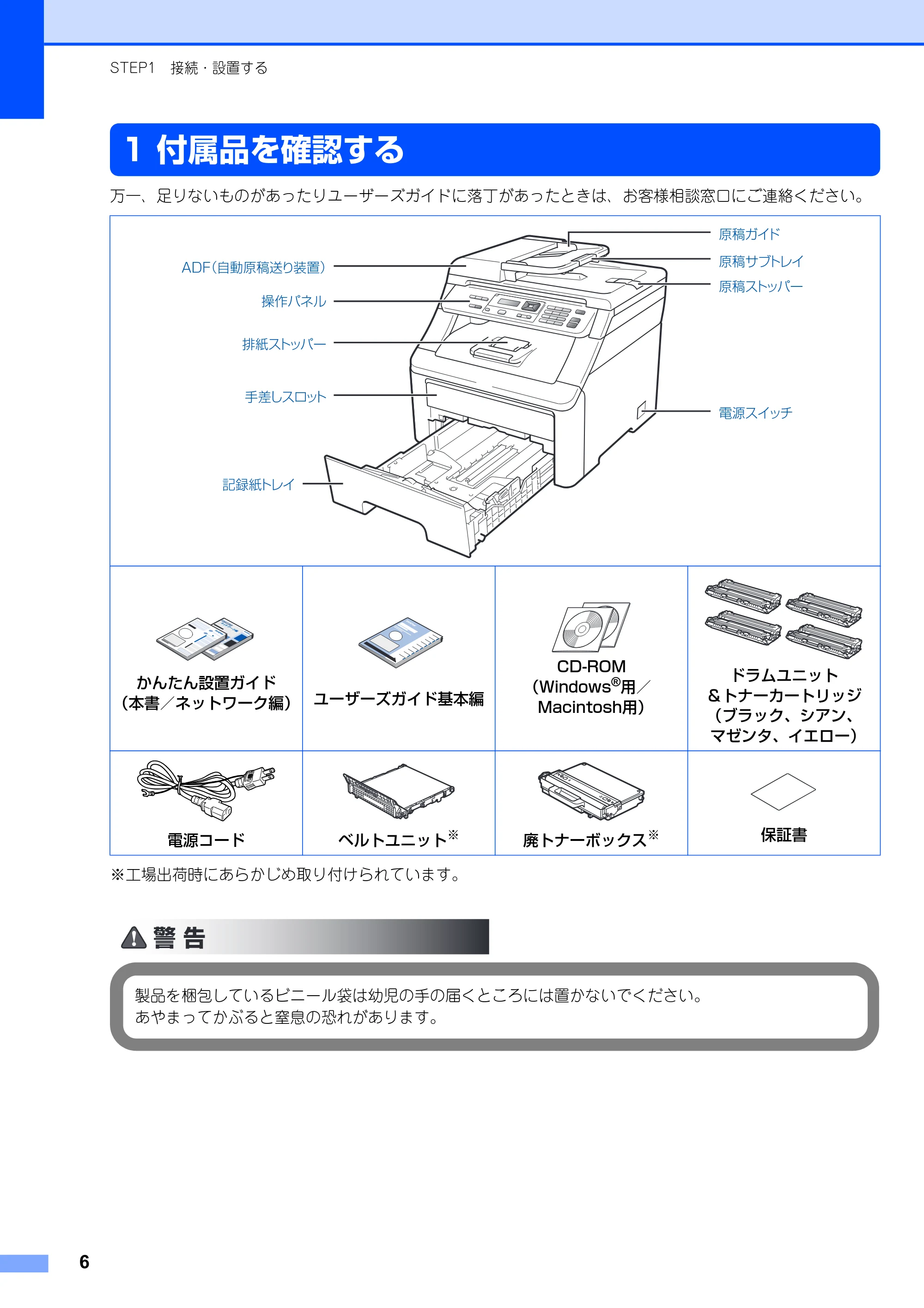 ブラザー DCP-9010CN かんたん設置ガイド — 付属品を確認する — 原本ページ — 6ページ