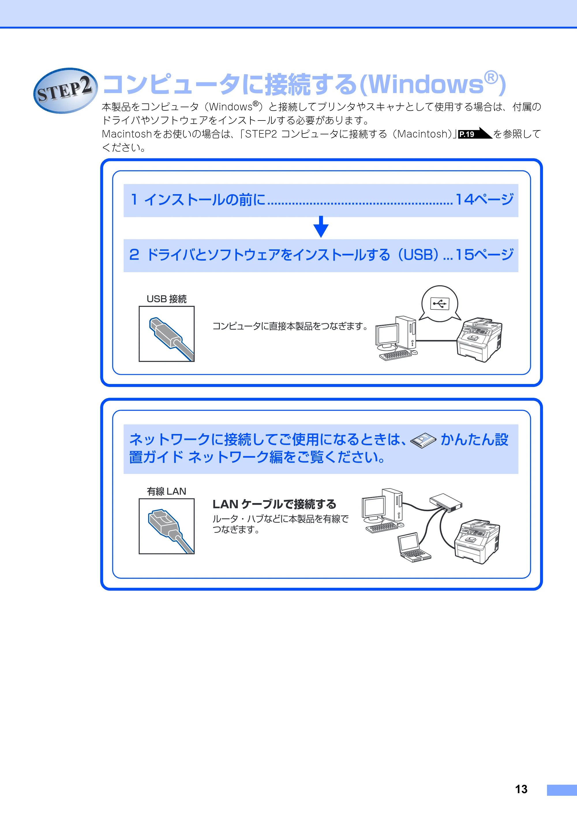 ブラザー DCP-9010CN かんたん設置ガイド — STEP2 コンピュータに接続する(Windows(R)) — 原本ページ — 13ページ