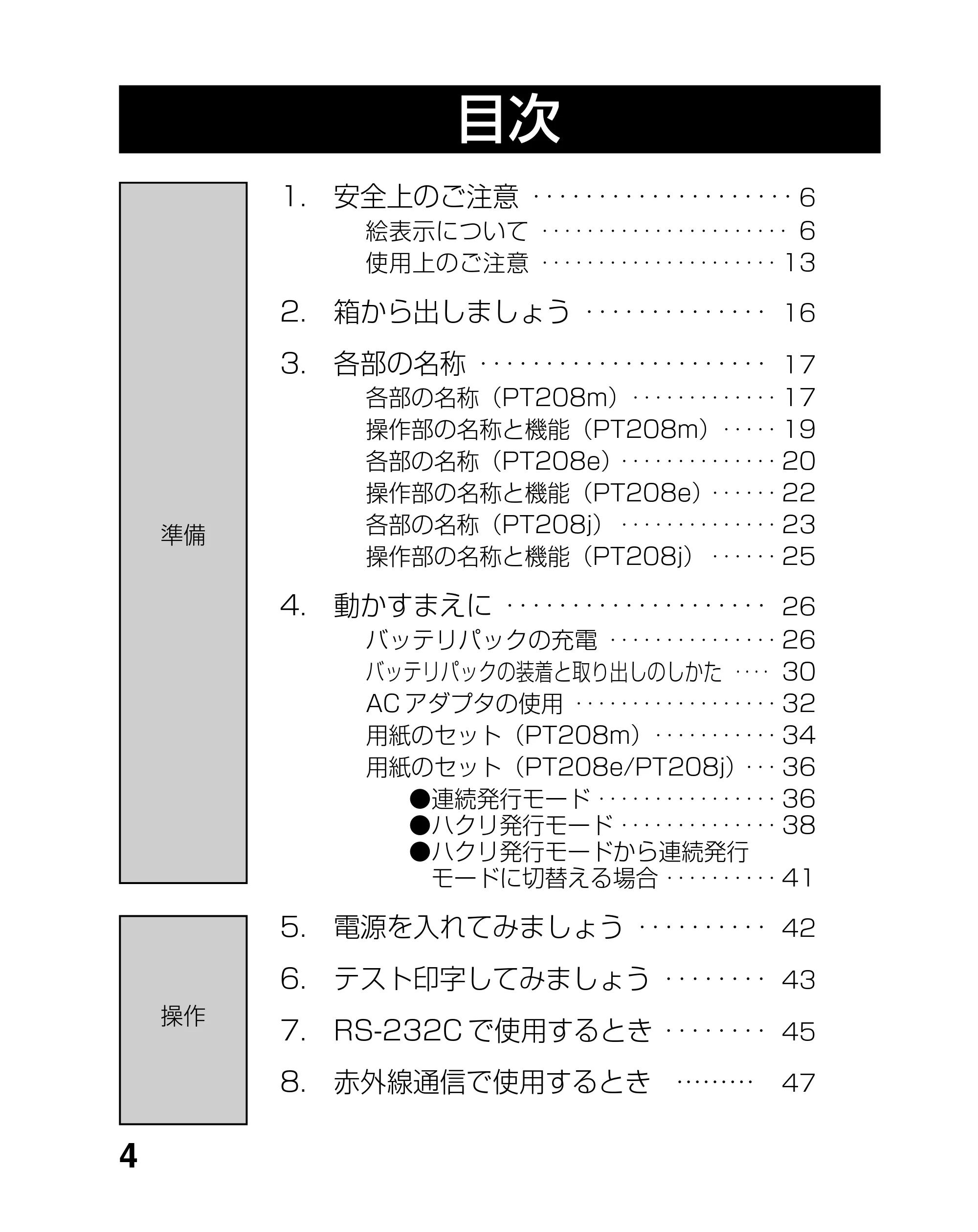 サトー lapin(ラパン)PT408e / 412e 、Petit lapin(プチラパン)PT200e / 208e / 208m / 208j / apin(ラパン)PT408e / 412e 、Petit lapin(プチラパン)PT200e / 208e / 208m / 208j PT208シリーズ取扱説明書（第5版） — 目次 — 原本ページ — 4ページ
