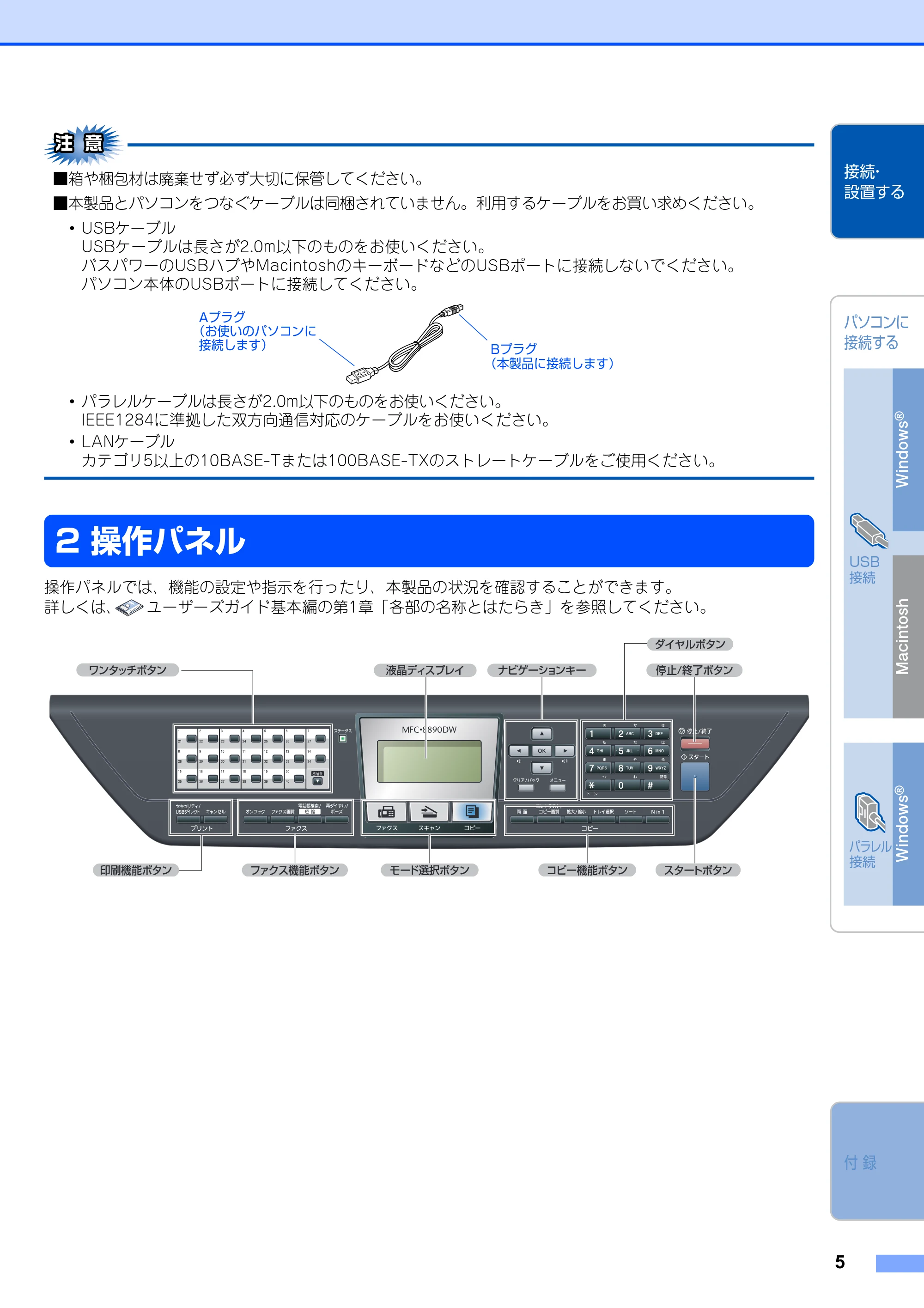 ブラザー MFC-8890DW かんたん設置ガイド — 操作パネル — 原本ページ — 7ページ