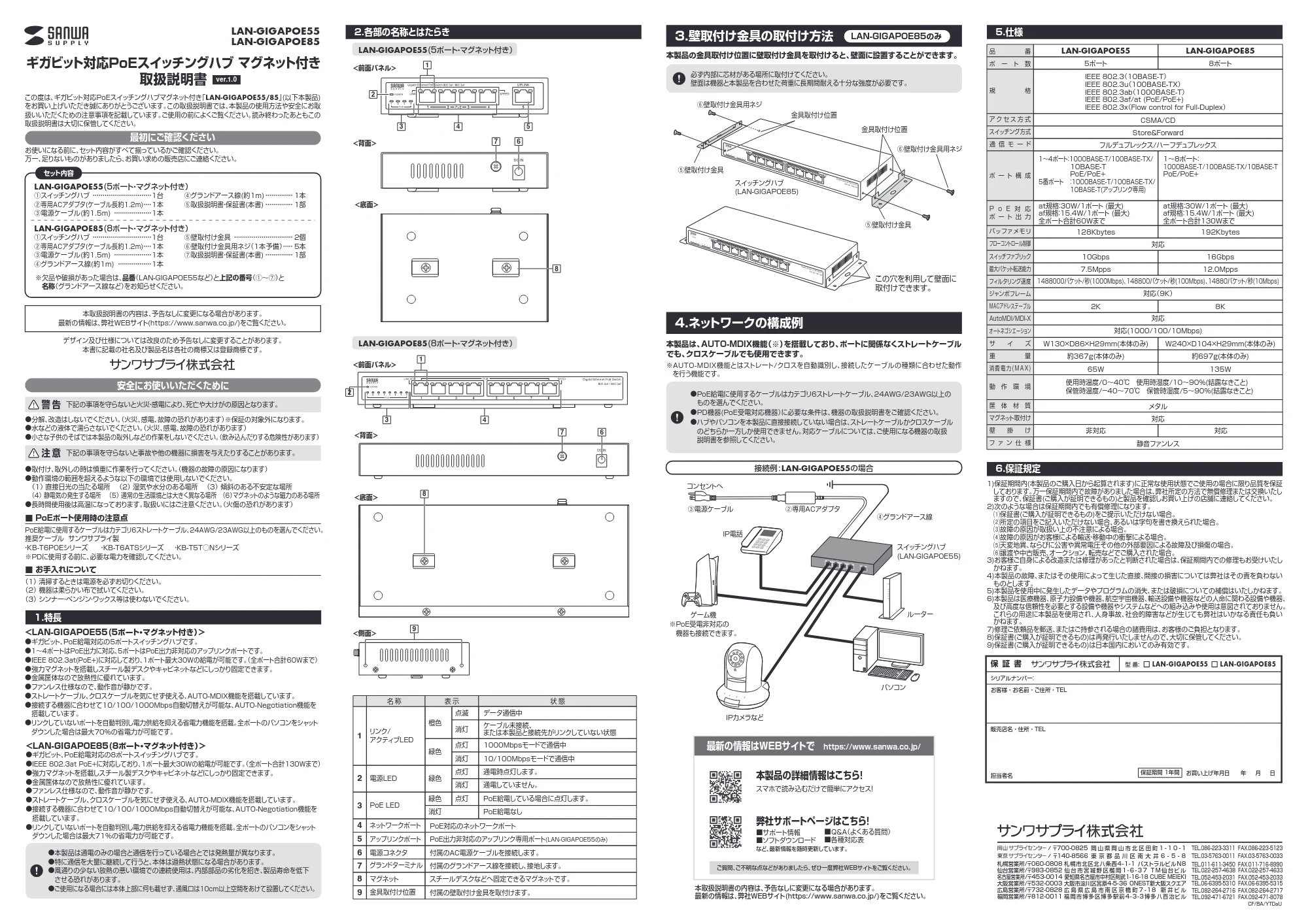 サンワサプライ LAN-GIGAPOE55 / LAN-GIGAPOE85 取扱説明書 — 原本ページ — 1ページ