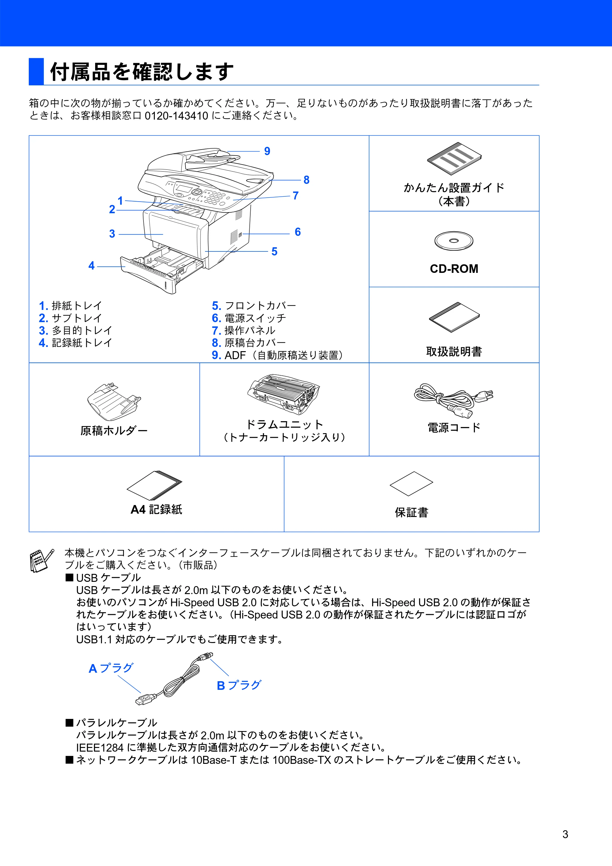 ブラザー DCP-8025JN かんたん設置ガイド — 付属品を確認します — 原本ページ — 3ページ