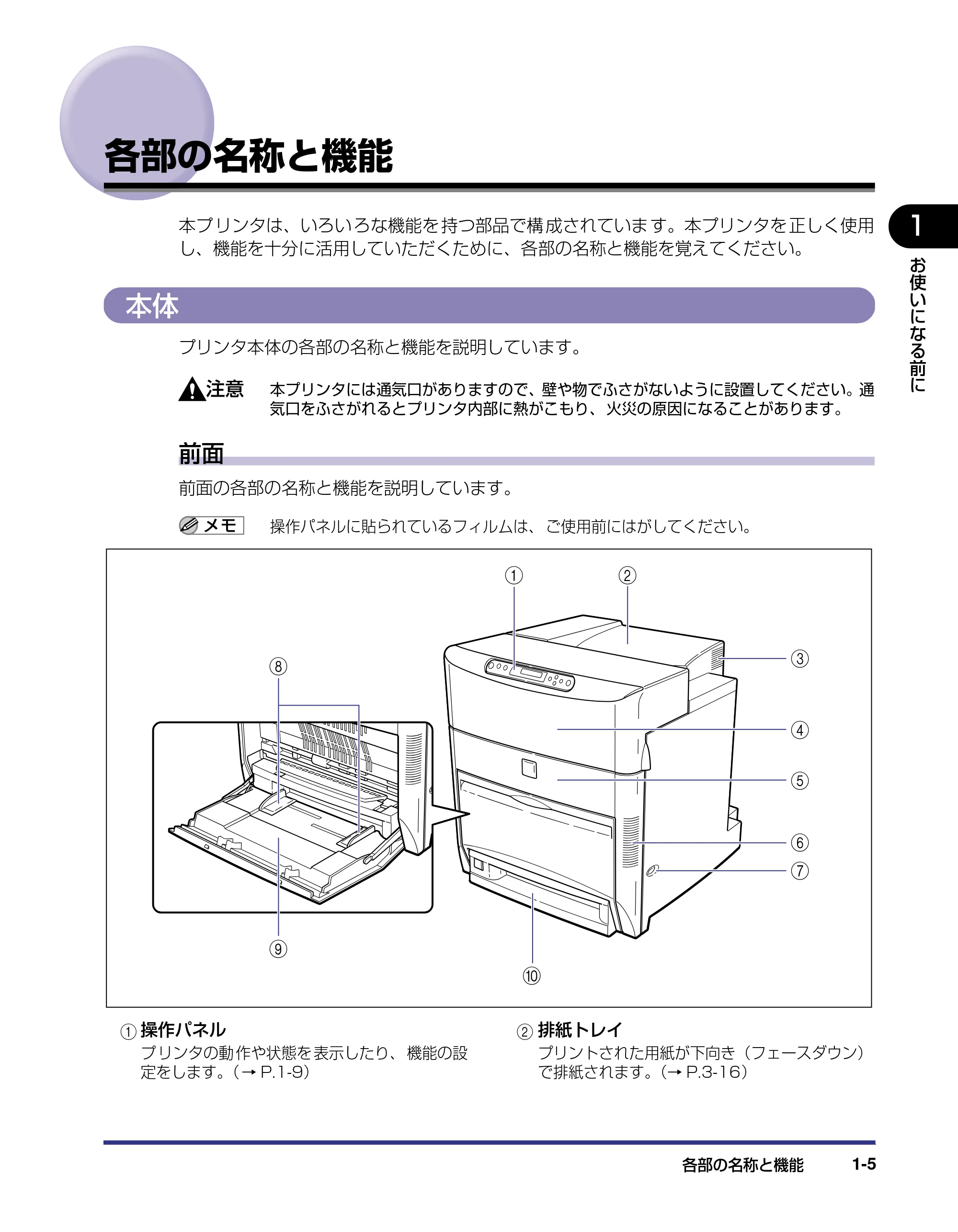 キヤノン LBP5800/5700 ユーザーズガイド 2006年5月25日更新 （PDF形式／9.62Mバイト） — 各部の名称と機能 — 原本ページ — 23ページ