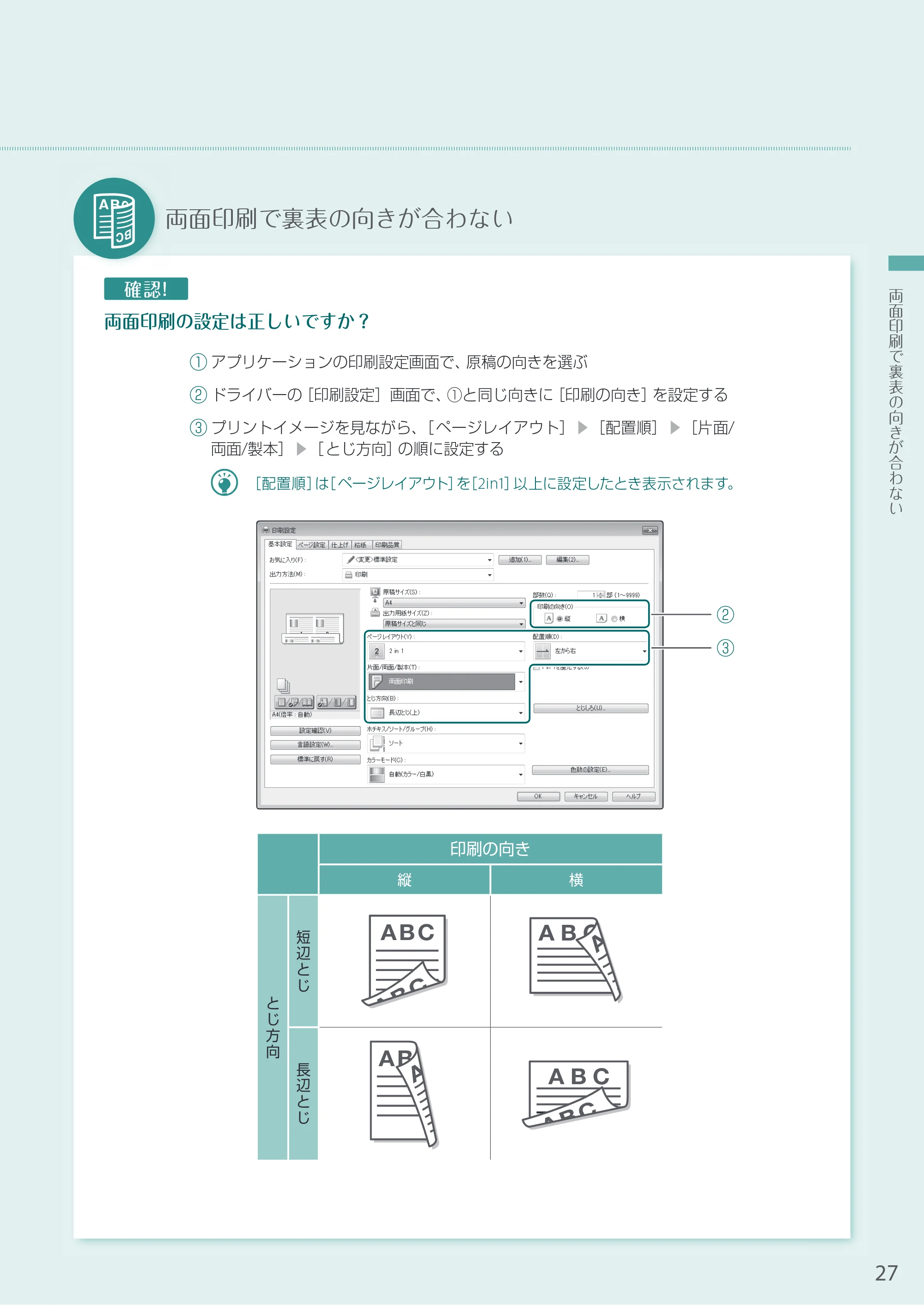 キヤノン A3機用) お困りごと解決ガイド 2020年5月14日更新（PDF：12.5MB） — 両面印刷で裏表の向きが合わない — 原本ページ — 27ページ