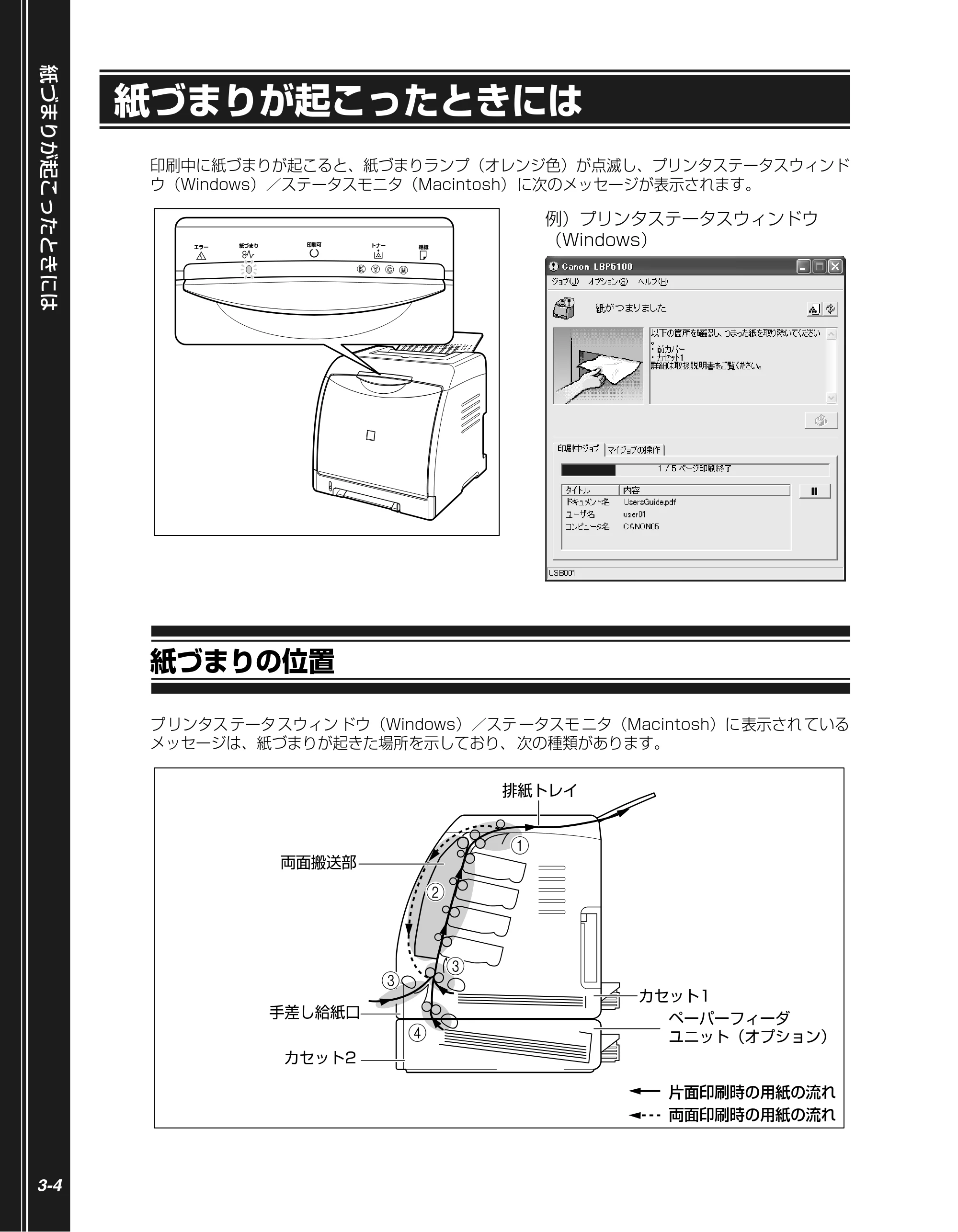 キヤノン LBP5100 かんたん操作ガイド 2007年1月25日掲載 (PDF形式/3.75Mバイト) — 紙づまりが起こったときには — 原本ページ — 54ページ