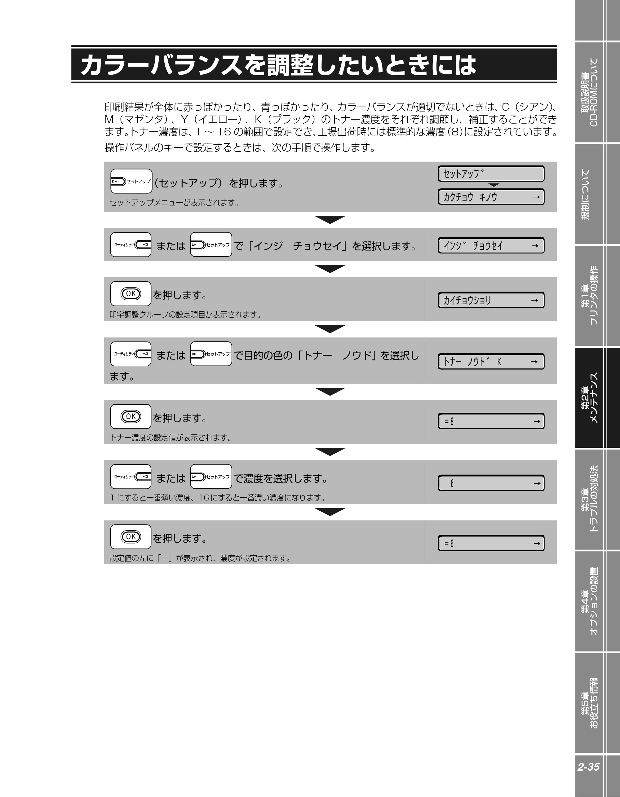 キヤノン LBP5400 かんたん操作ガイド 2009年12月18日更新 (PDF形式/4.71Mバイト) — カラーバランスを調整したいときには — 原本ページ — 53ページ