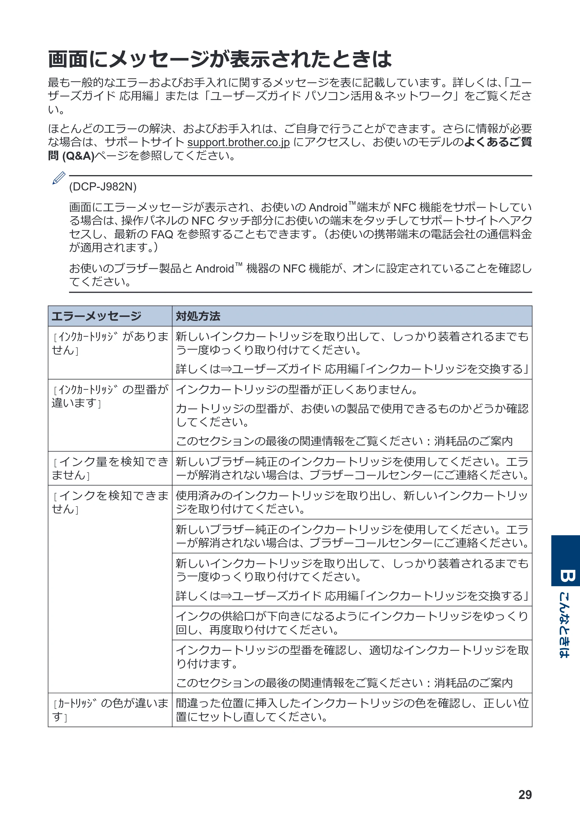 ブラザー DCP-J582N / DCP-J981N / DCP-J982N-B/W かんたん操作ガイド — 画面にメッセージが表示されたときは — 原本ページ — 30ページ