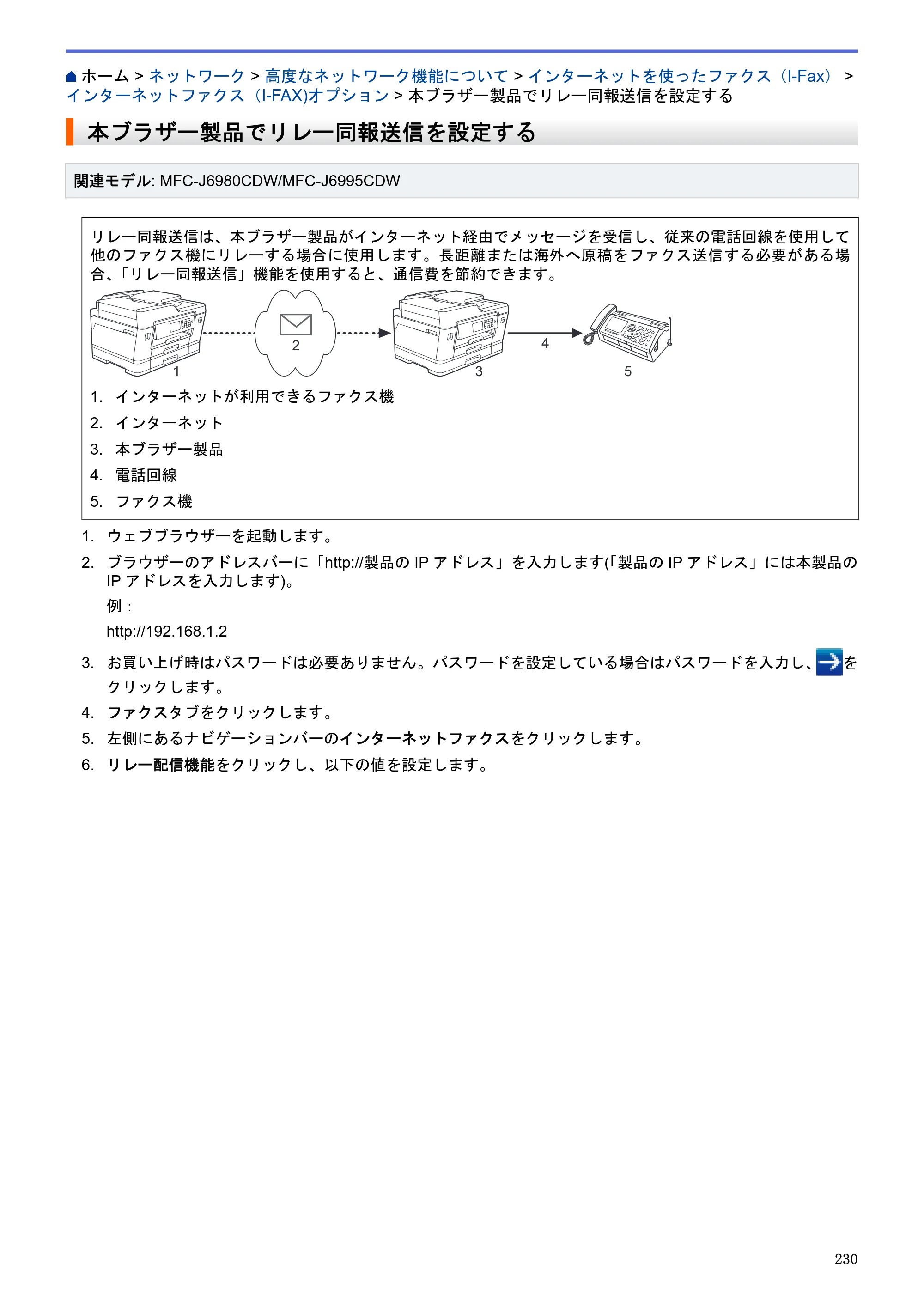 ブラザー MFC-J6580CDW / MFC-J6980CDW / MFC-J6995CDW ユーザーズガイド（印刷用） ～パソコン活用＆ネットワーク～ — 本ブラザー製品でリレー同報送信を設定する — 原本ページ — 235ページ