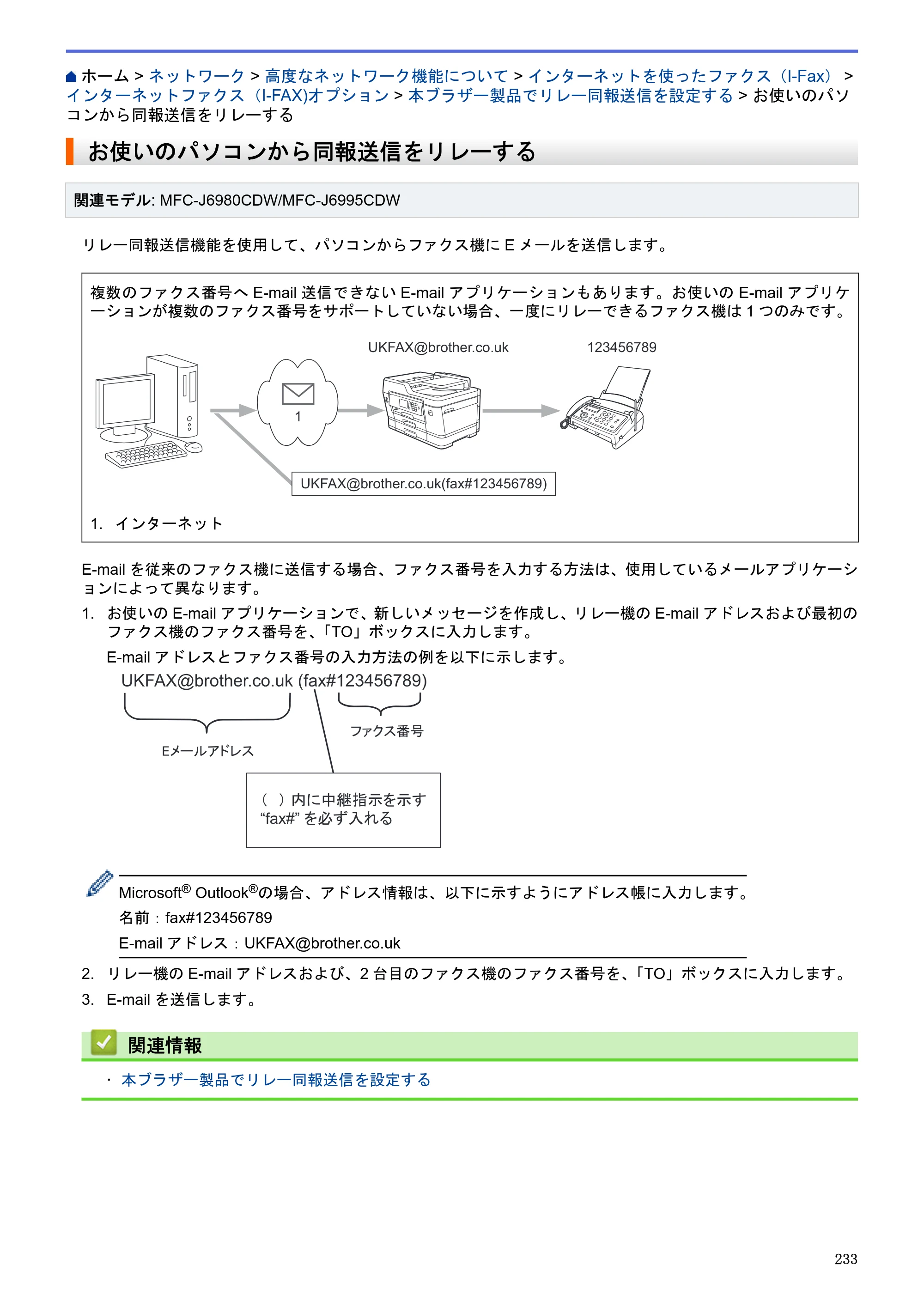 ブラザー MFC-J6580CDW / MFC-J6980CDW / MFC-J6995CDW ユーザーズガイド（印刷用） ～パソコン活用＆ネットワーク～ — お使いのパソコンから同報送信をリレーする — 原本ページ — 238ページ