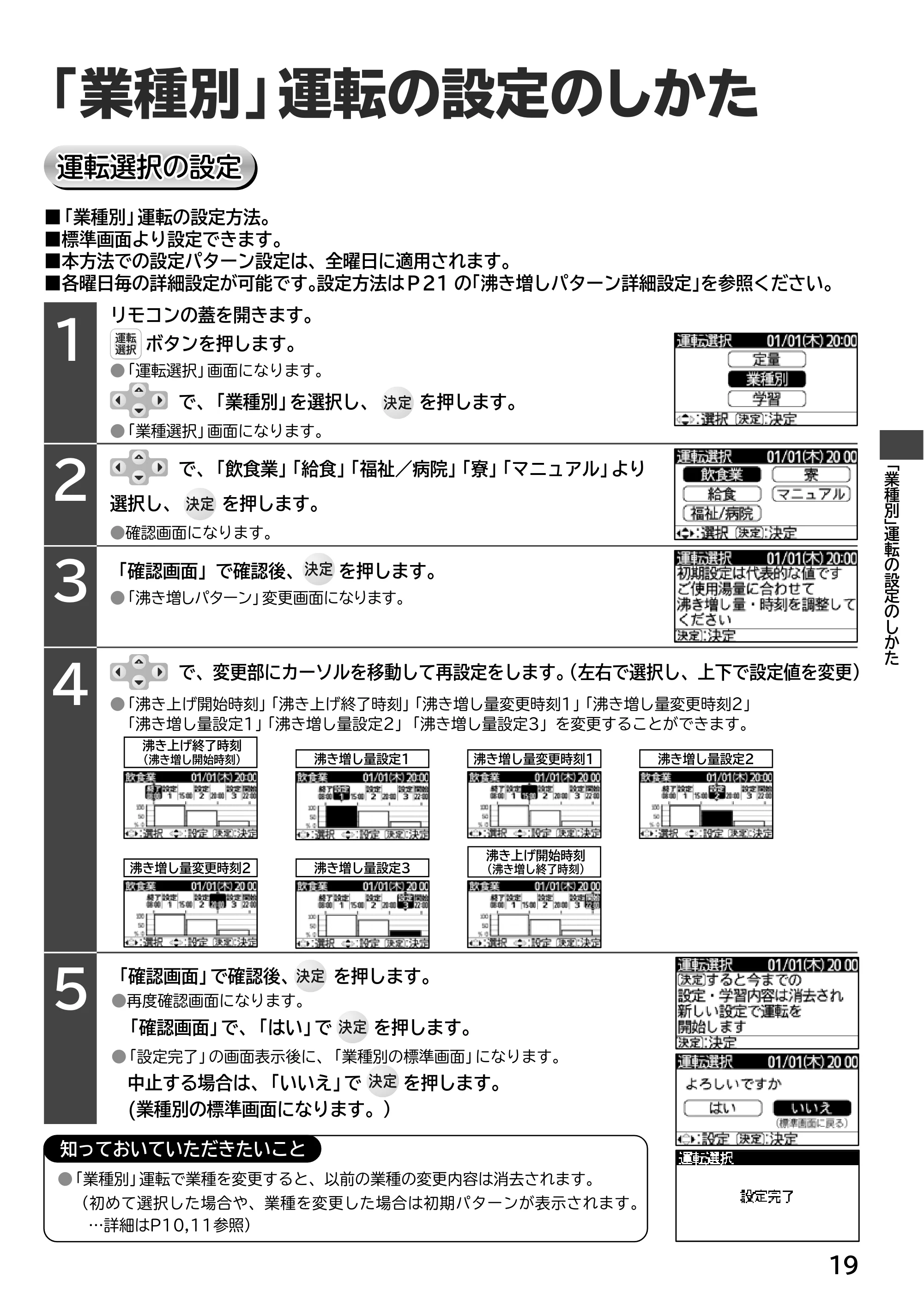 日立 RHK-15EJ / RHK-15EJK 取扱説明書 — 「業種別」運転の設定のしかた — 原本ページ — 19ページ