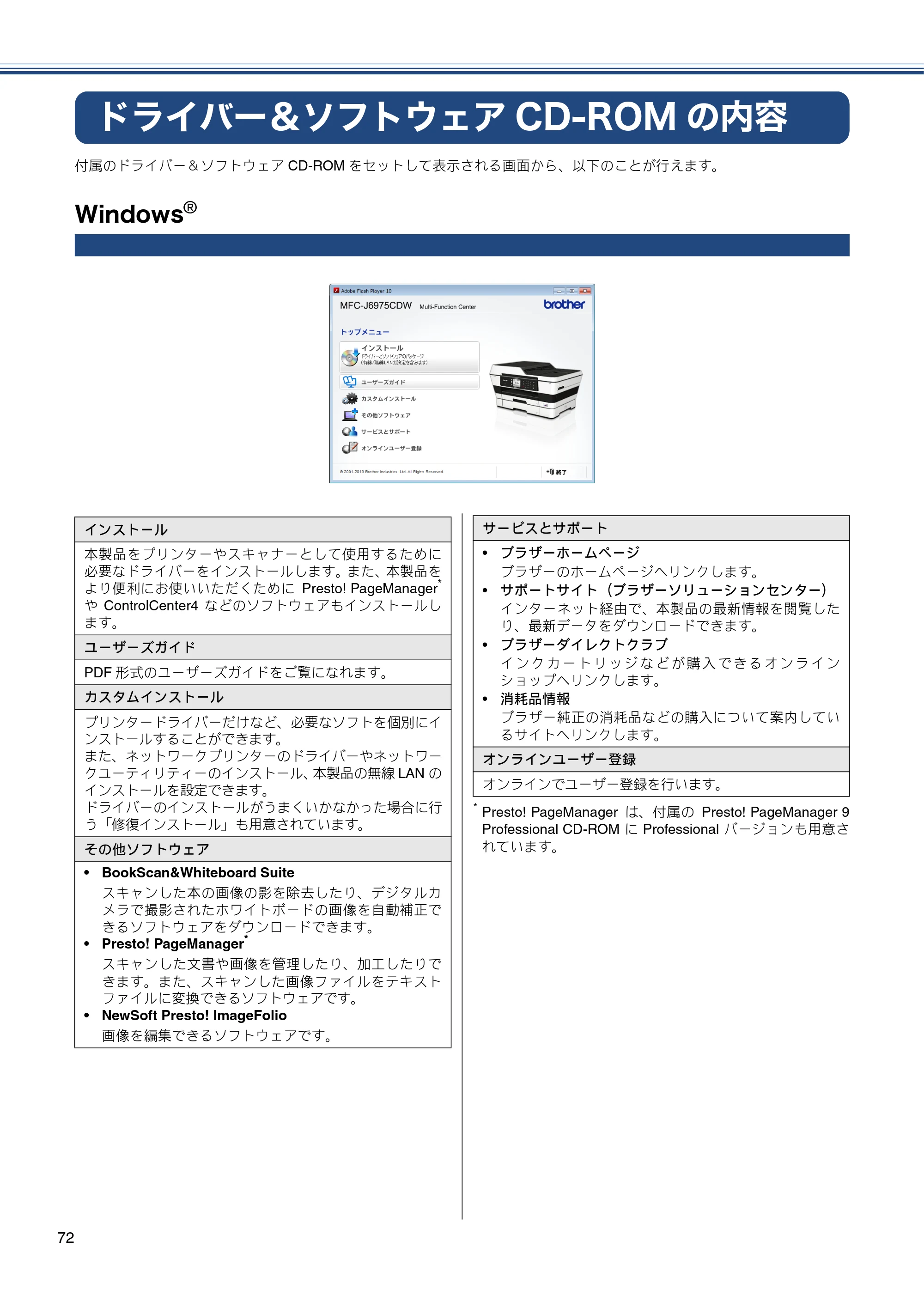 ブラザー MFC-J6975CDW かんたん設置ガイド — ドライバー＆ソフトウェアCD-ROMの内容 — 原本ページ — 72ページ