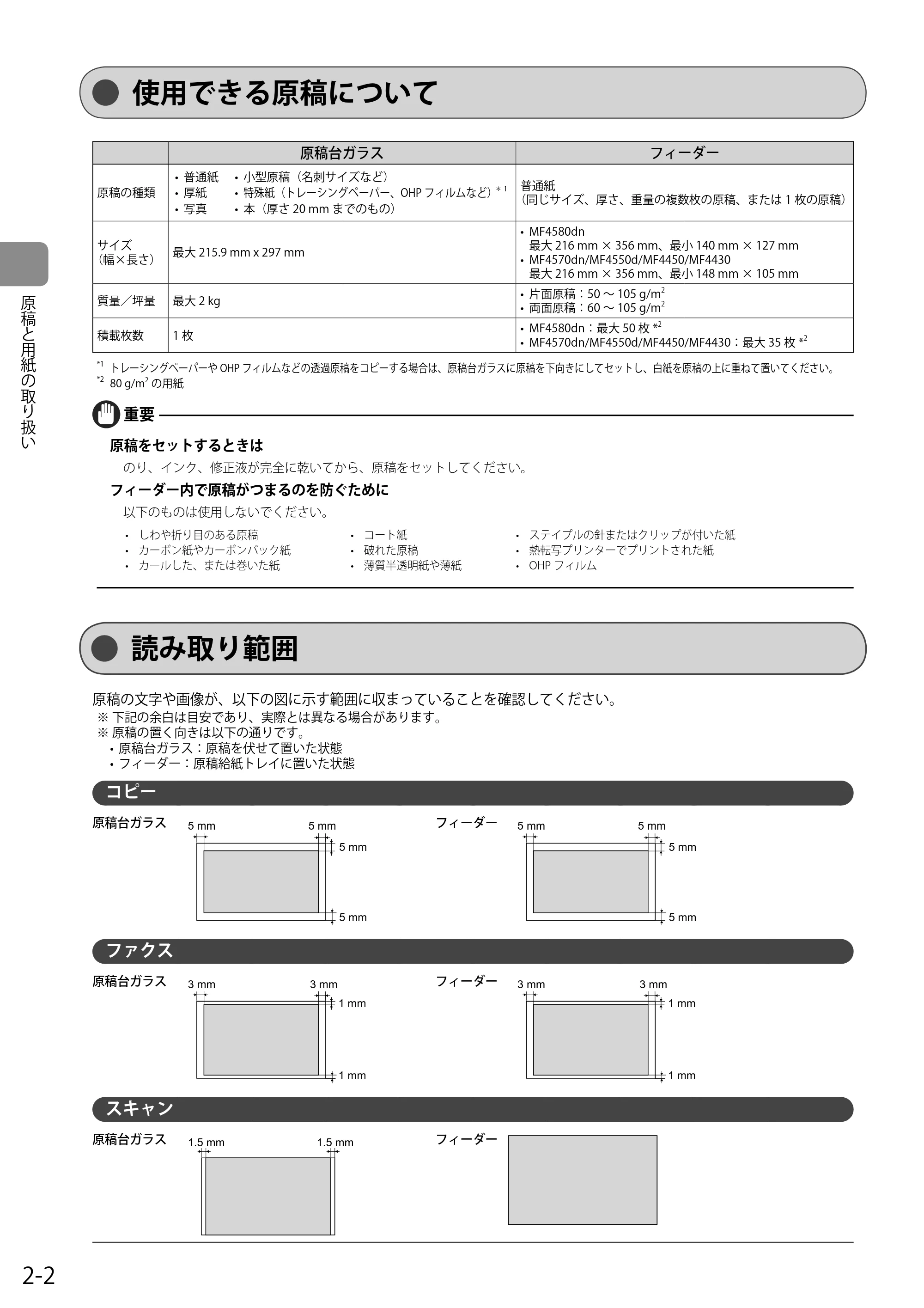 キヤノン MF4580dn/MF4570dn/MF4550d/MF4450/MF4430/MF4420n/MF4410 基本操作ガイド 2011年4月27日更新 (PDF形式/9.07Mバイト) — 使用できる原稿について — 原本ページ — 36ページ