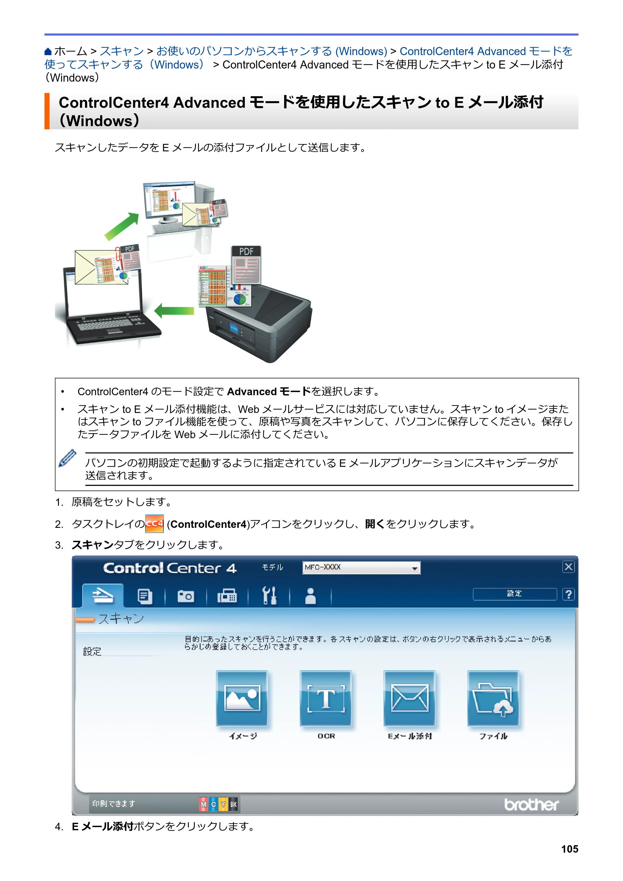 ブラザー DCP-J582N / DCP-J981N / DCP-J982N-B/W ユーザーズガイド（印刷用） ～パソコン活用＆ネットワーク～ — ControlCenter4 Advancedモードを使用したスキャンto Eメール添付（Windows） — 原本ページ — 109ページ
