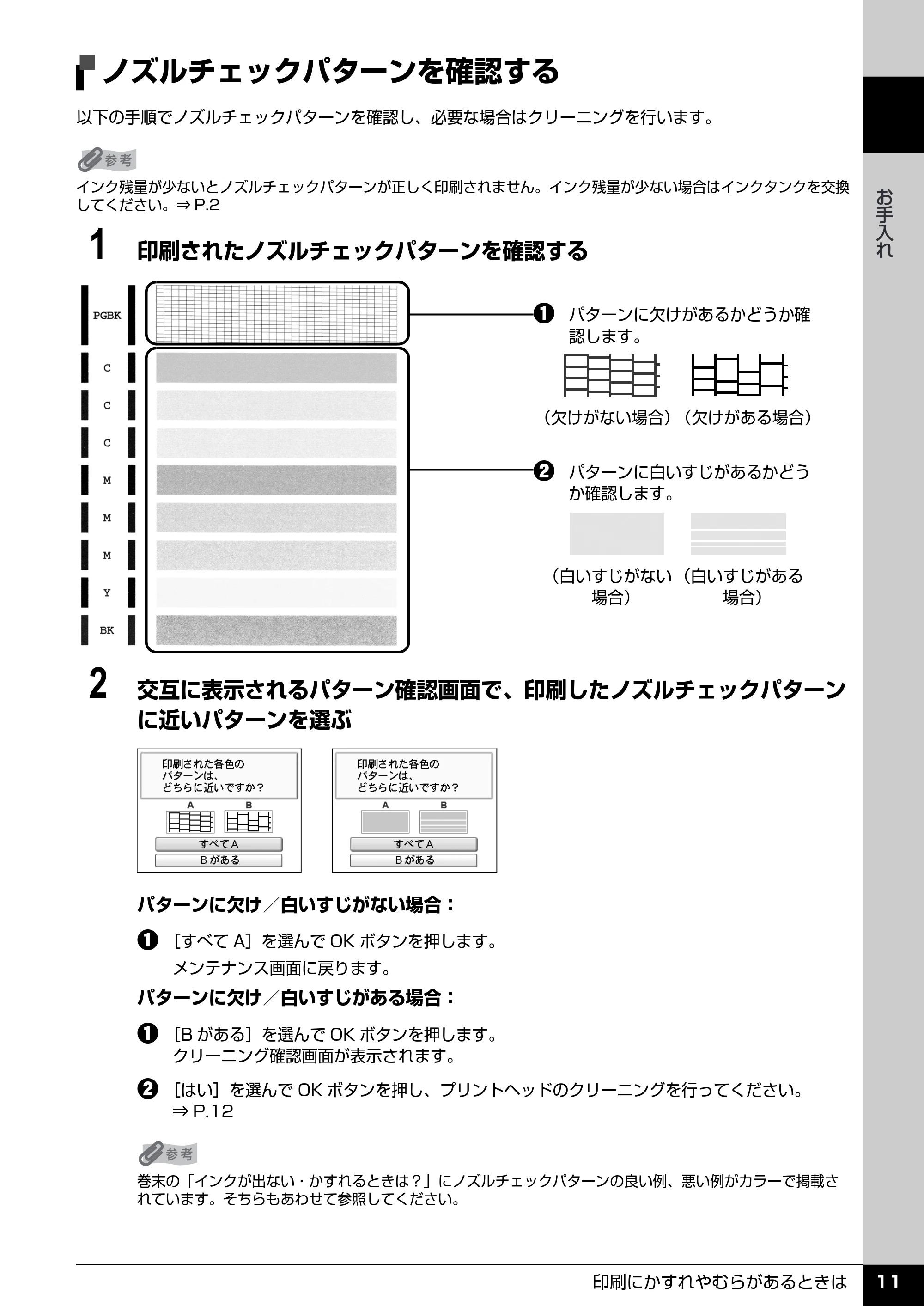 キヤノン PIXUS MP610 操作ガイド(お手入れ編) (PDF形式/7.84Mバイト) — ノズルチェックパターンを確認する — 原本ページ — 12ページ