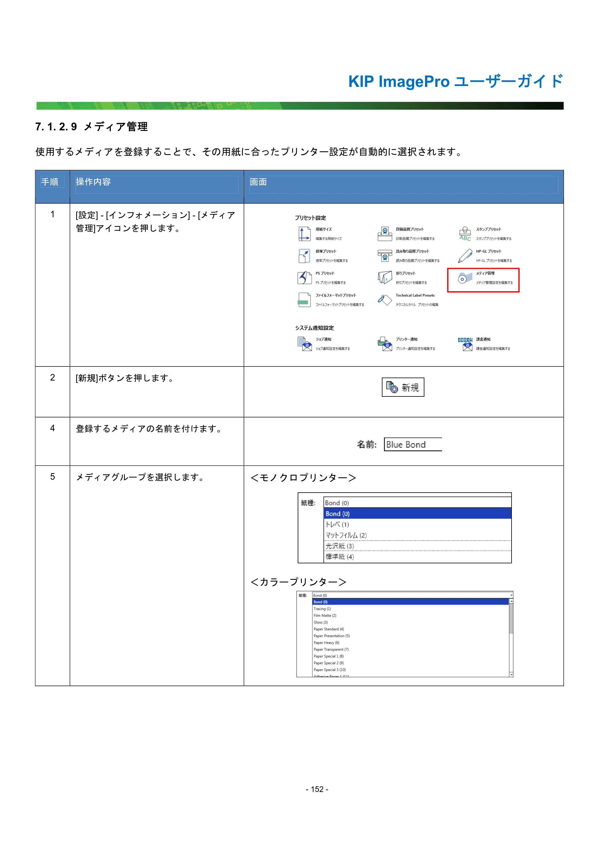 京セラ KIP 7170G KIP PrintPro ユーザーガイド — 7. 1. 2. 9 メディア管理 — 原本ページ — 157ページ