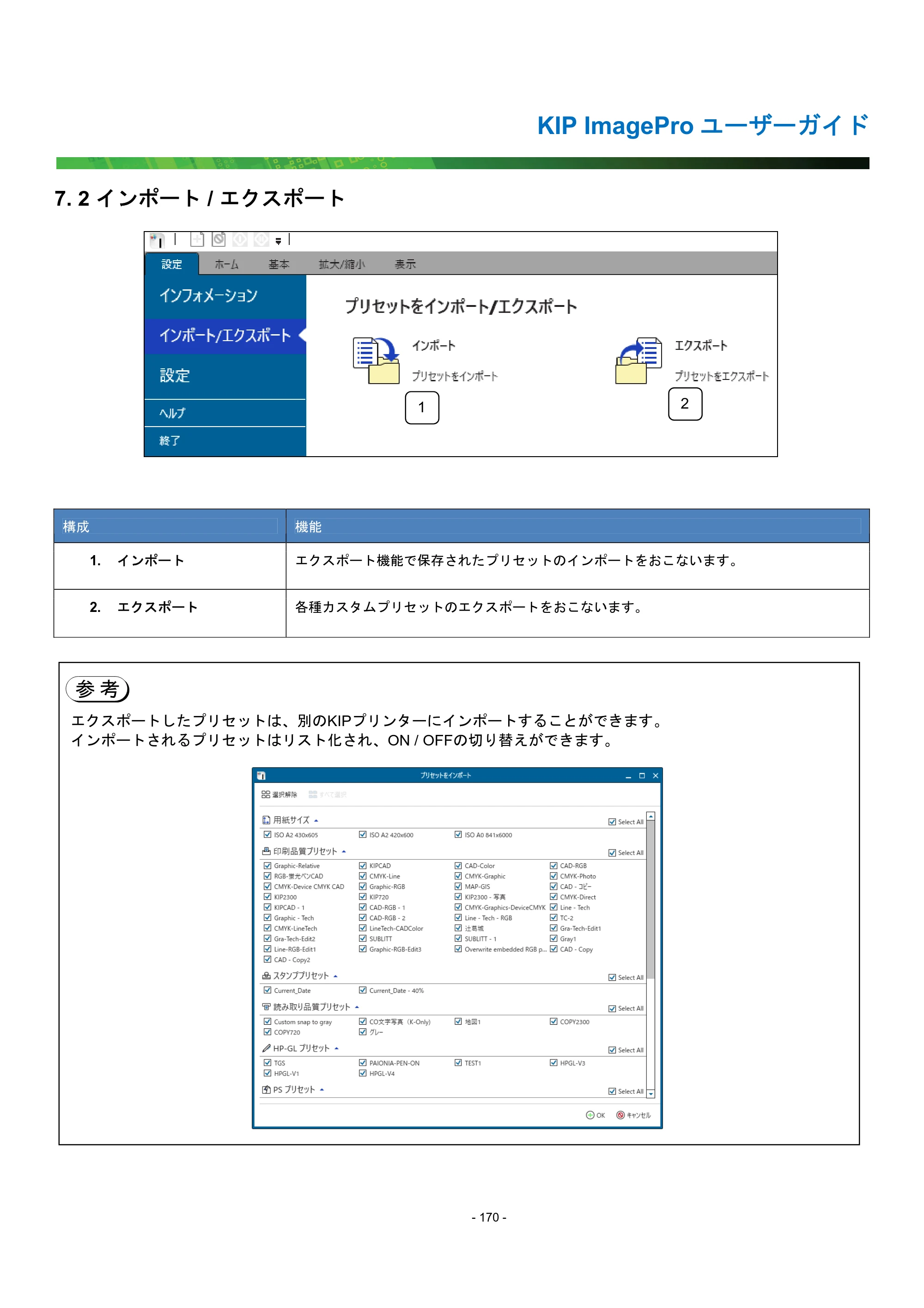 京セラ KIP 7170G KIP PrintPro ユーザーガイド — 7. 2 インポート / エクスポート — 原本ページ — 175ページ