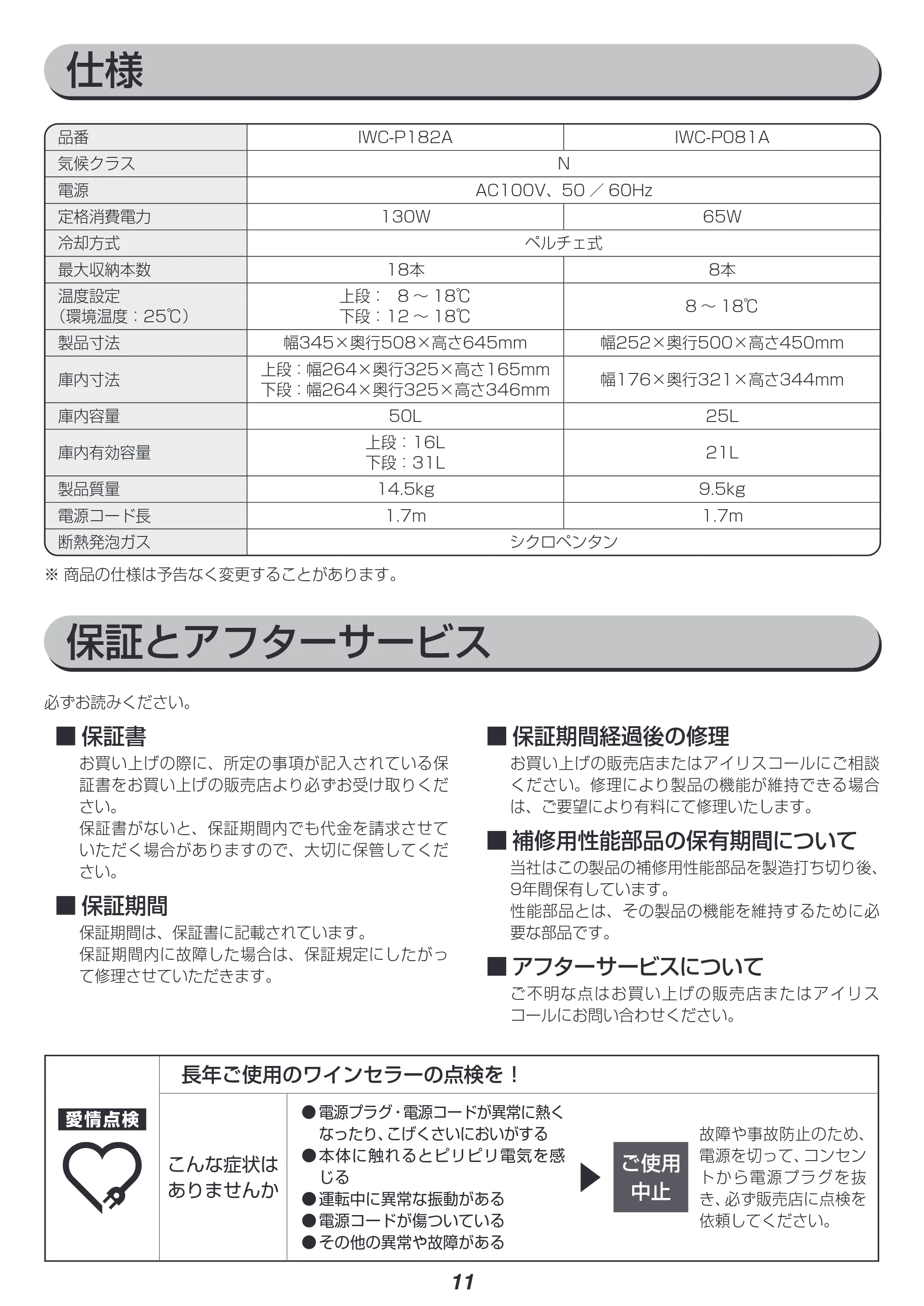 アイリスオーヤマ IWC-P182A 取扱説明書 — 原本ページ — 11ページ