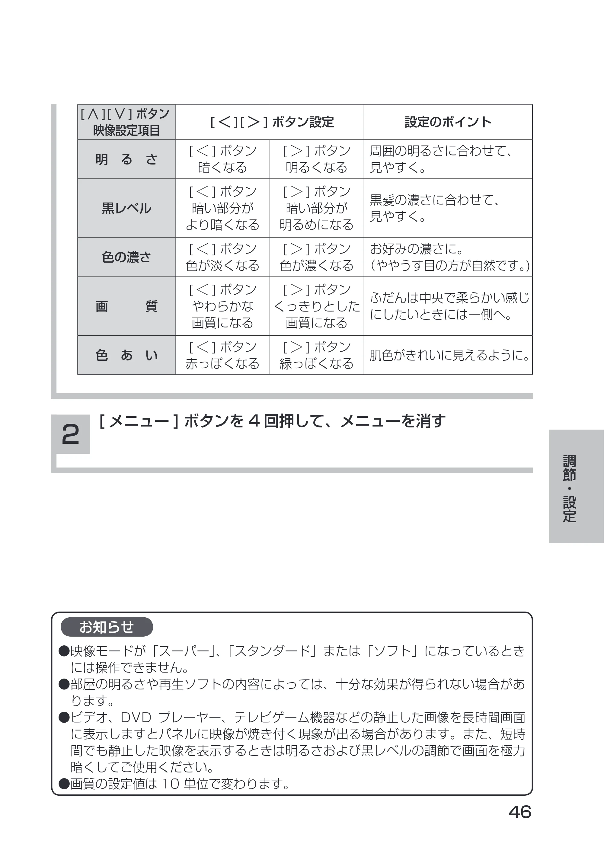 日立 19LM-W1 / 17LM-1 取扱説明書 — [ メニュー] ボタンを4 回押して、メニューを消す 2 — 原本ページ — 10ページ