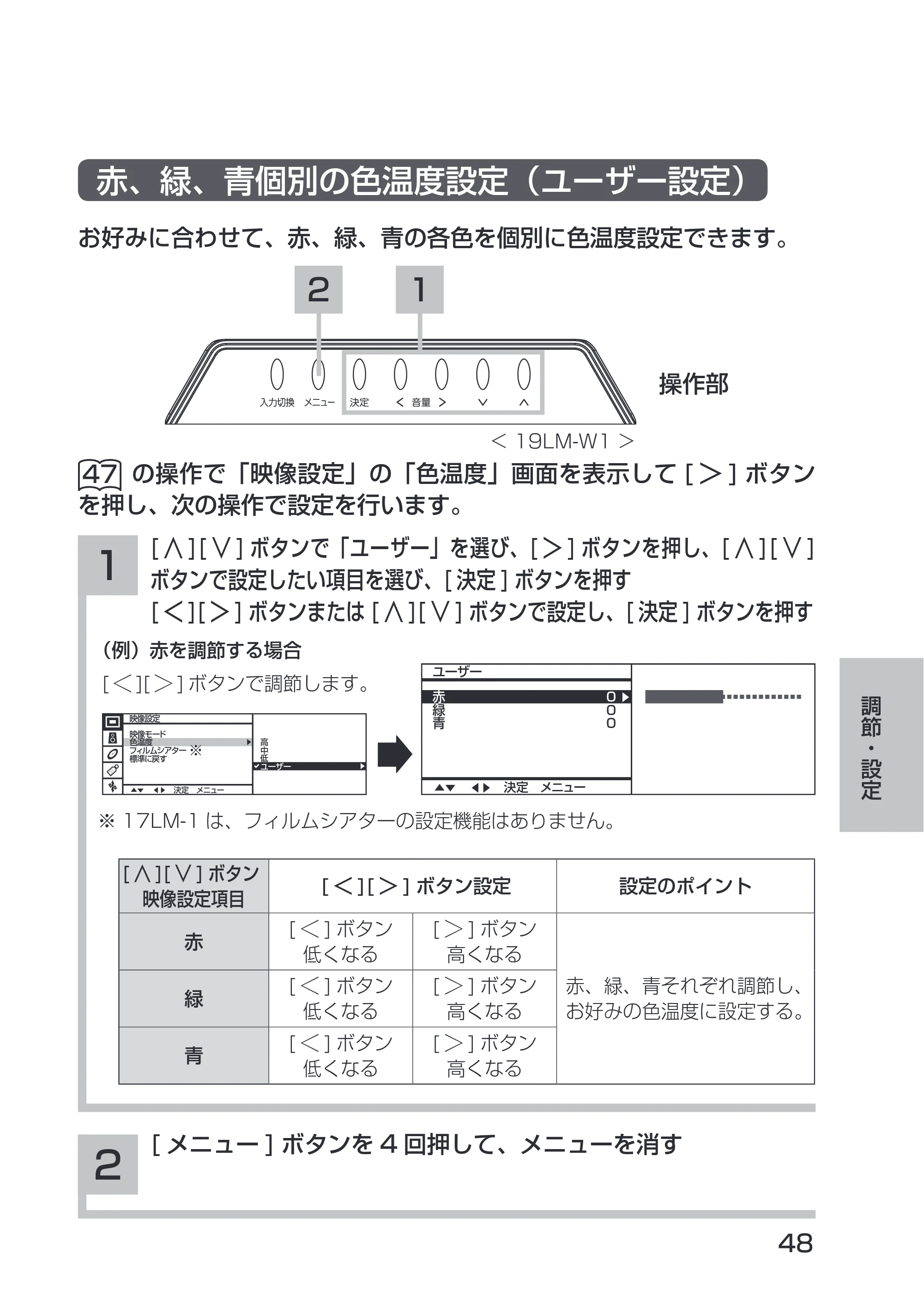 日立 19LM-W1 / 17LM-1 取扱説明書 — 赤、緑、青個別の色温度設定(ユーザー設定) — 原本ページ — 12ページ