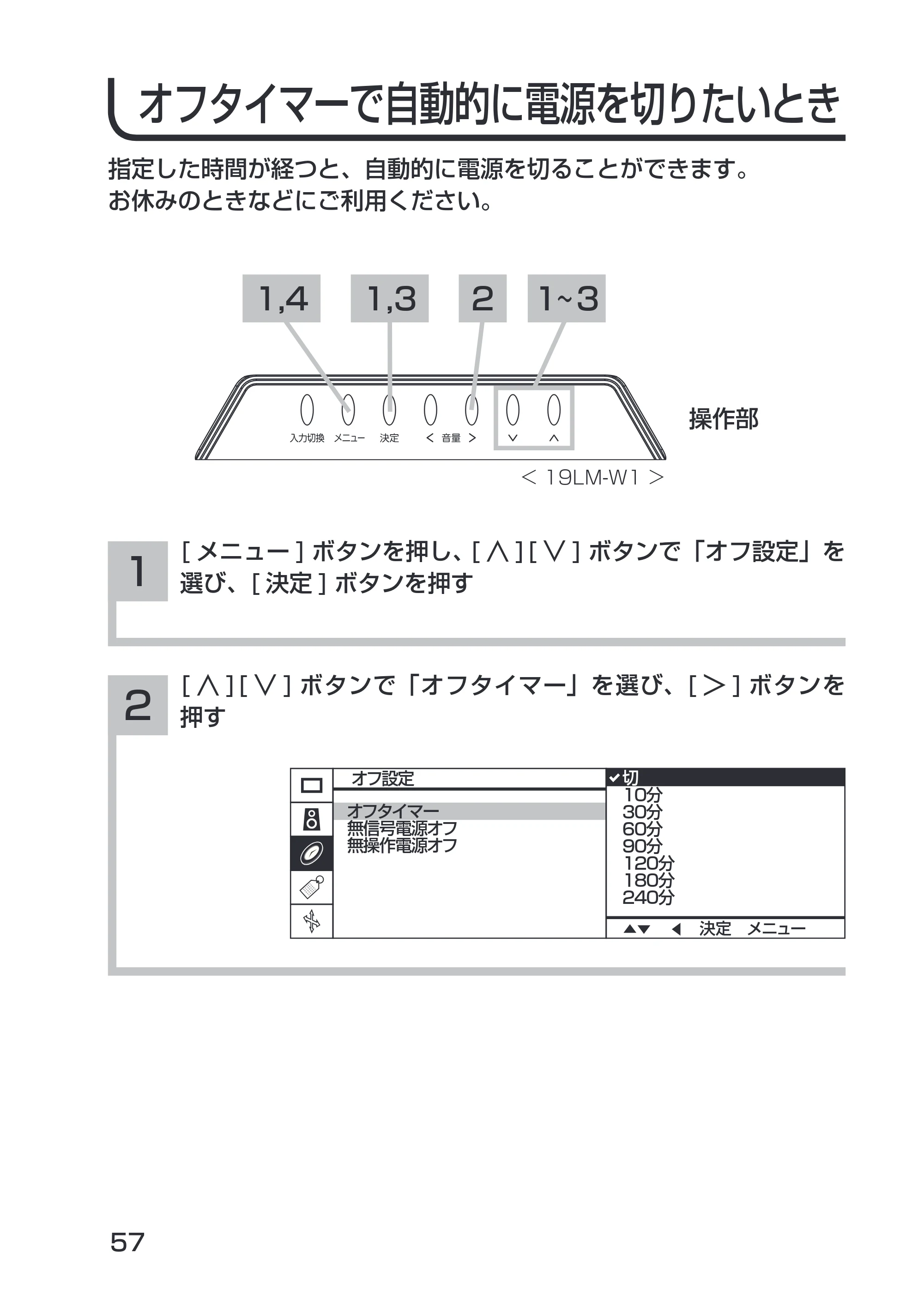 日立 19LM-W1 / 17LM-1 取扱説明書 — オフタイマーで自動的に電源を切りたいとき — 原本ページ — 21ページ